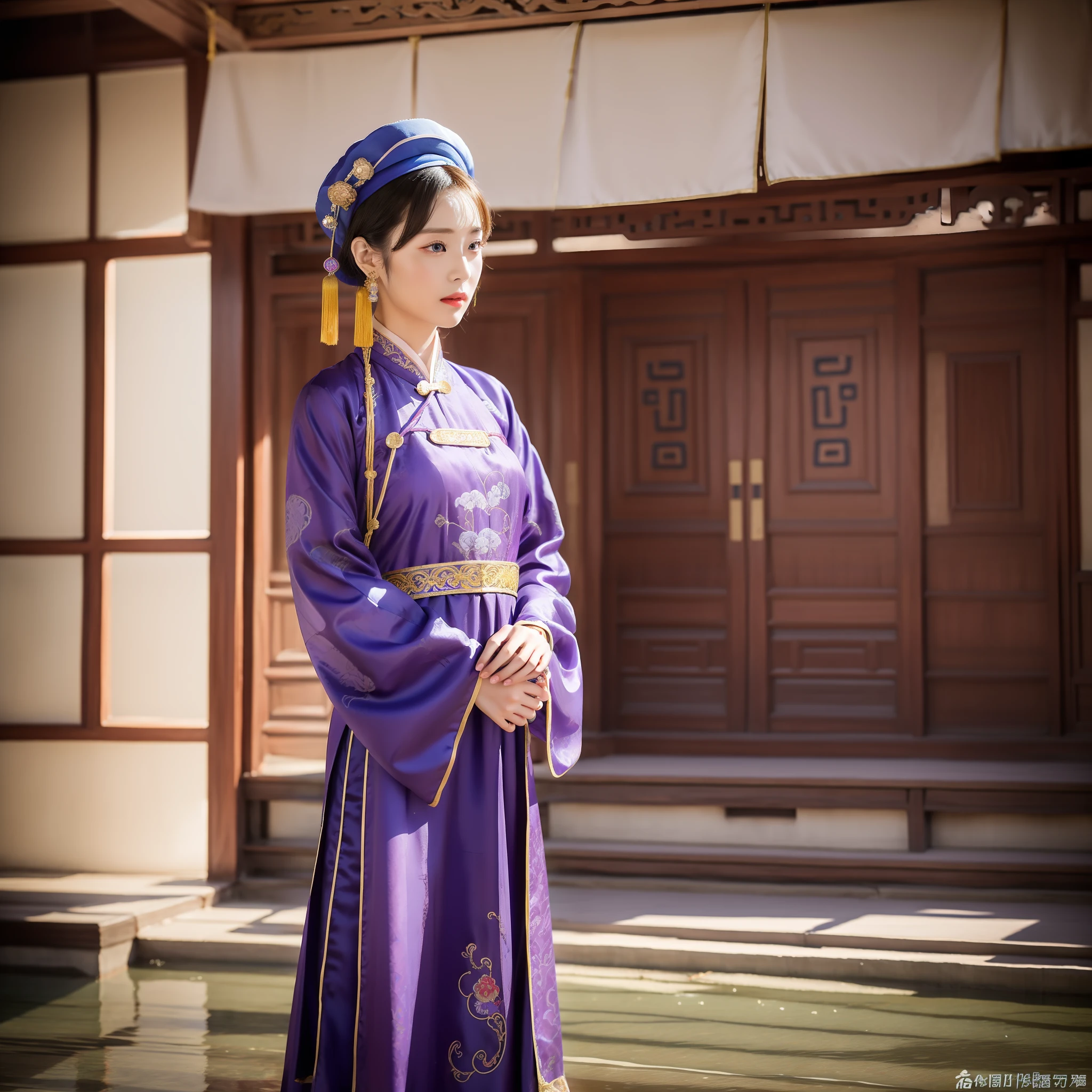 A woman in a blue hat and a purple dress, traditional chinese clothing, wearing ancient chinese clothes, palace , a girl in ao dai, wearing ornate silk clothes, traditional tai costume, zhang daqian, inspired by Zhang Zeduan, with acient chinese clothes, traditional clothes, traditional clothing