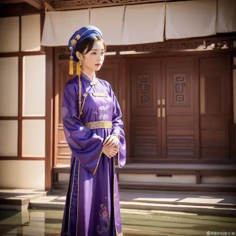 a woman in a blue hat and a purple dress, traditional chinese clothing, wearing ancient chinese clothes, palace , a girl in ao d...