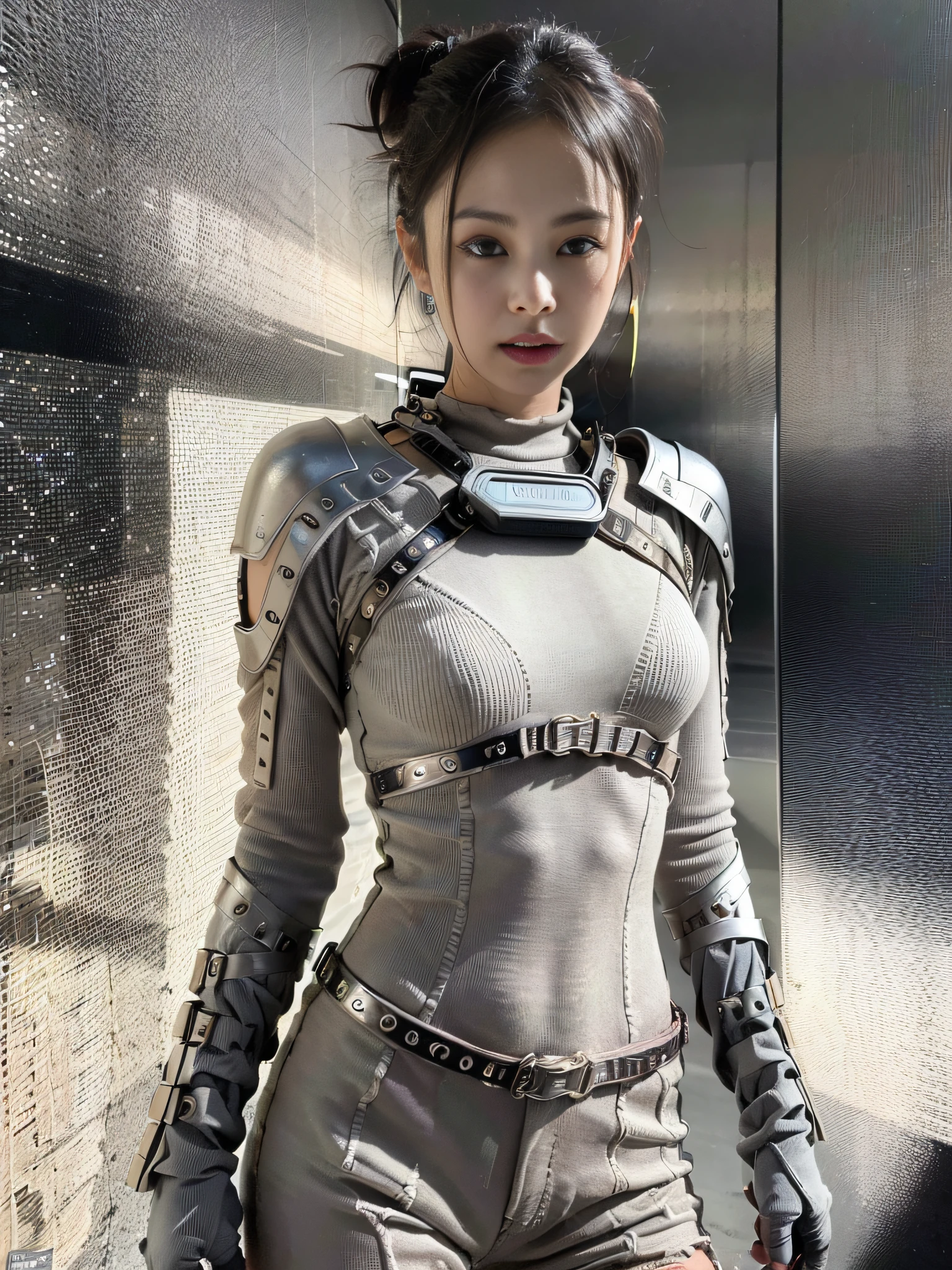 (1girl:1.3), solo, __body-parts__, doomsday wasteland style, dusty, stormy, dirty, gray tones, 8k resolution image, intricate symmetrical details. The whole picture is invincible and heroic, mainly a complete picture of a woman standing all over her body, with smooth movements and a confident expression.