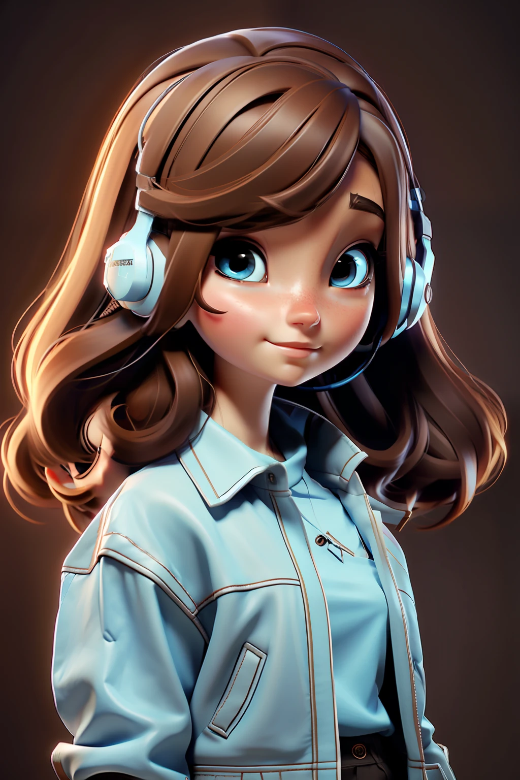 realistic anime style digital art of an 18 year old girl, bright light blue eyes, light brown hair, black skirt, bare legs, black polo shirt, brown leather jacket, looking up, 120 degree angle, using gamer headset, space scenery, floating in space, various other details, 16k ultra HD vivid colors masterpiece ultra cinematic resolution