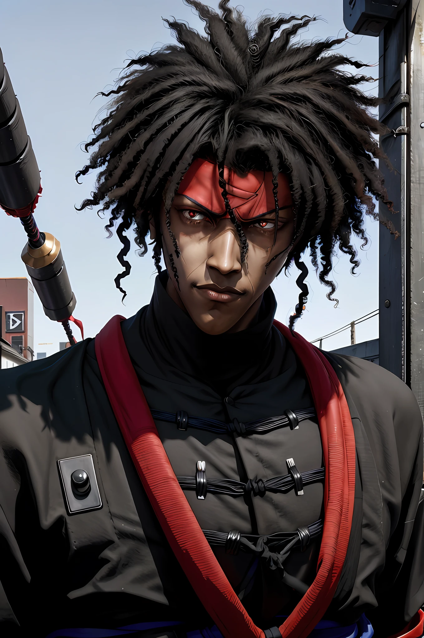 1 samurai negro, 1 homem, afrosamurai, Cabelo preto, ciberpunk, estilo de rua, ruas de Tóquio, brilhante, com pele negra, olhos vermelhos, olhando para o espectador, tronco, capa da megazina, shogum( foto de xícara inteira ) ( ultra-detalhes )( imperialismo) pose de sasuke