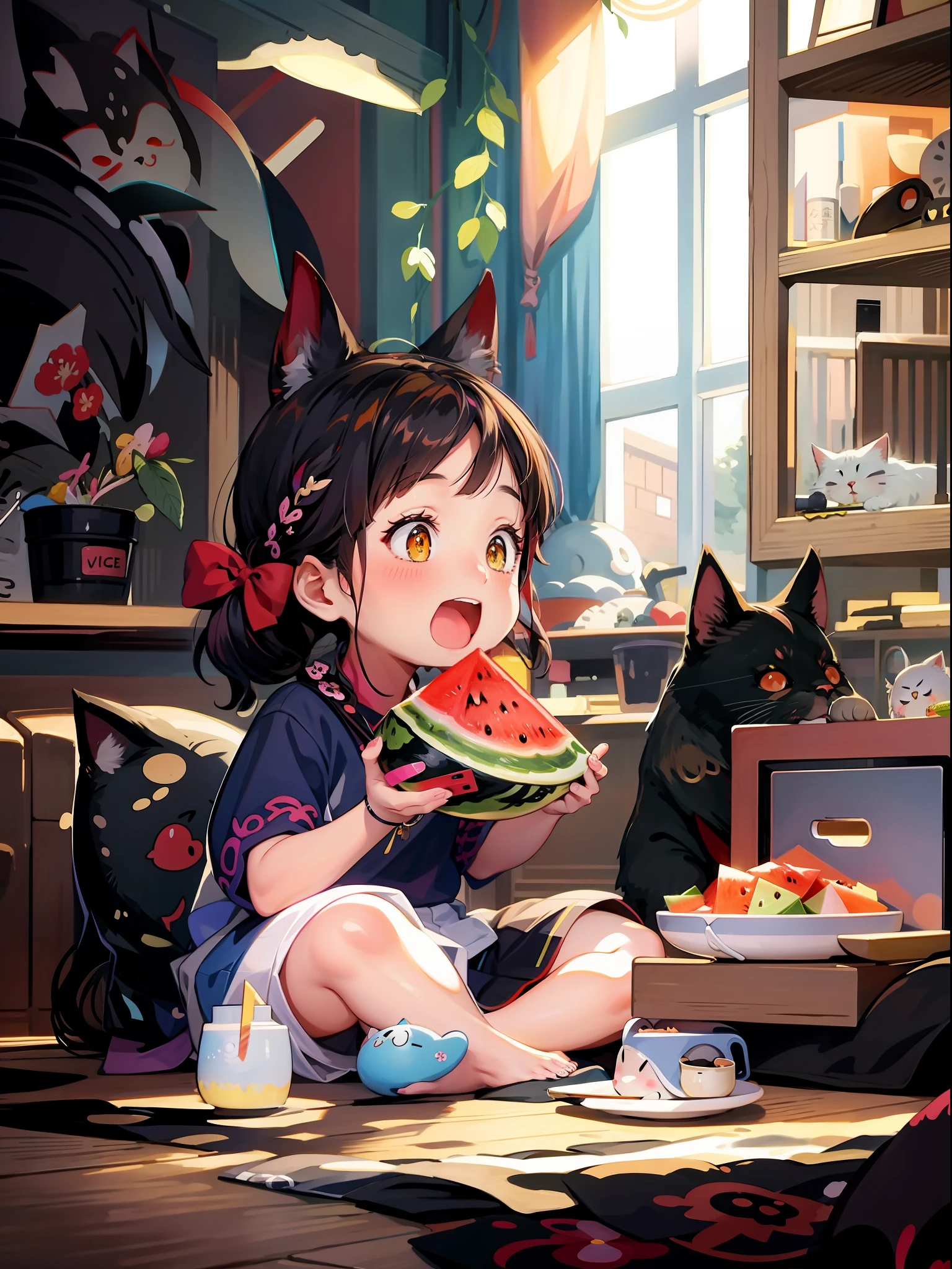 anime girl eating a slice of watermelon with a cat nearby, cute detailed artwork, cute art style, material is!!! watermelon!!!, anime illustration, by Yang J, cute anime, adorable digital painting, anime visual of a cute girl, anime visual of a cute cat, cute anime catgirl, anime style illustration, cute artwork, anime picture, by Kubisi art