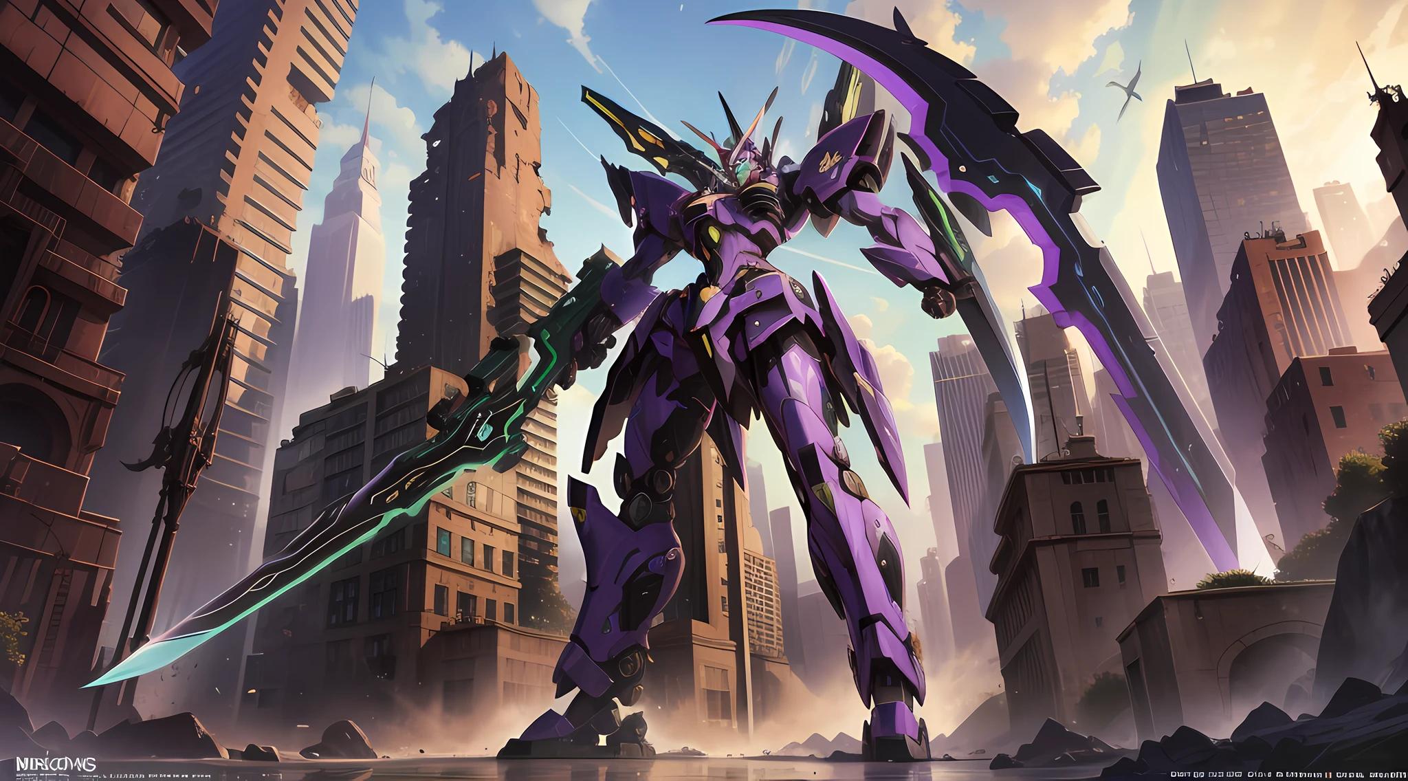 best quality, ultra high resolution 8k, purple and green mecha, with giant sickle, and gun sword, destroyed city background, full body