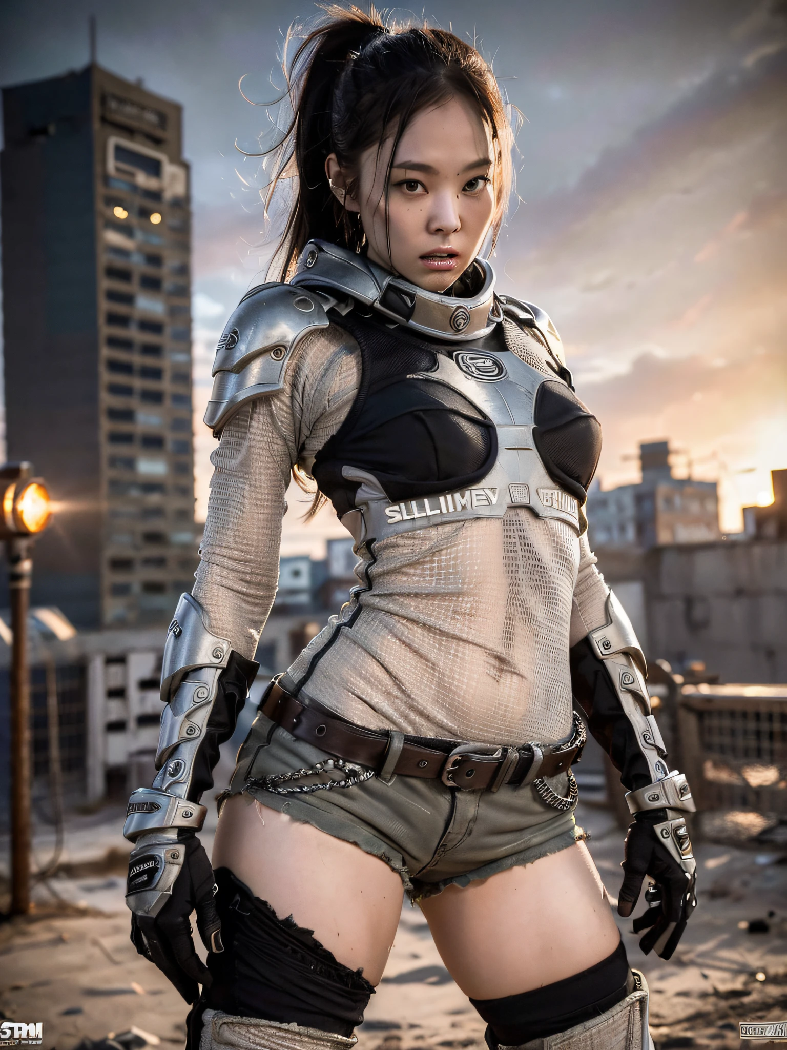 (1girl:1.3), solo, __body-parts__, doomsday wasteland style, sexy, shorts, dusty, stormy, dirty, gray tones, 8k resolution image, intricate symmetrical details. The whole picture is invincible and heroic, mainly a complete picture of a woman standing all over her body, with smooth movements and a confident expression.