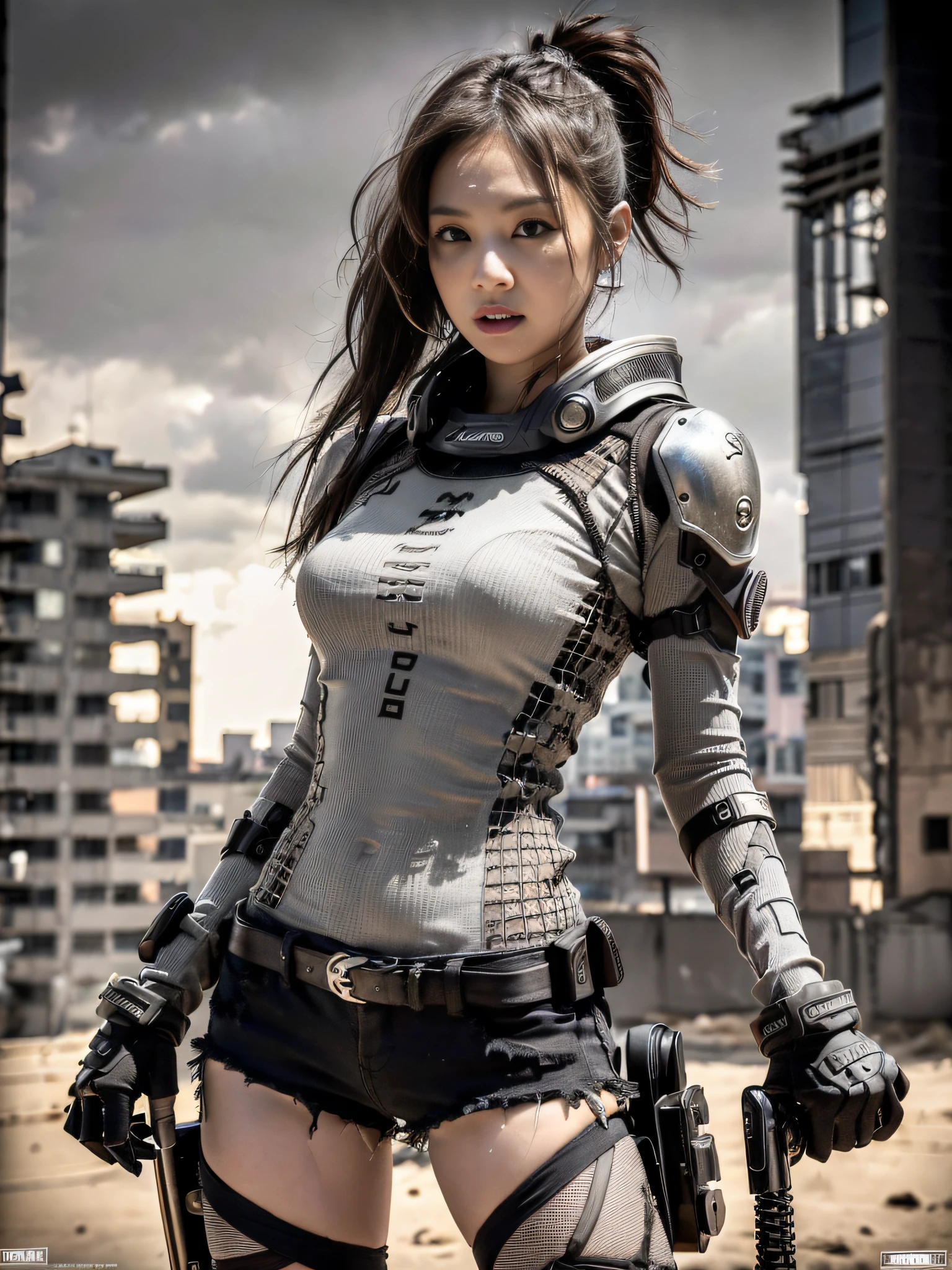 (1girl:1.3), solo, __body-parts__, doomsday wasteland style, sexy, shorts, dusty, stormy, dirty, gray tones, 8k resolution image, intricate symmetrical details. The whole picture is invincible and heroic, mainly a complete picture of a woman standing all over her body, with smooth movements and a confident expression.