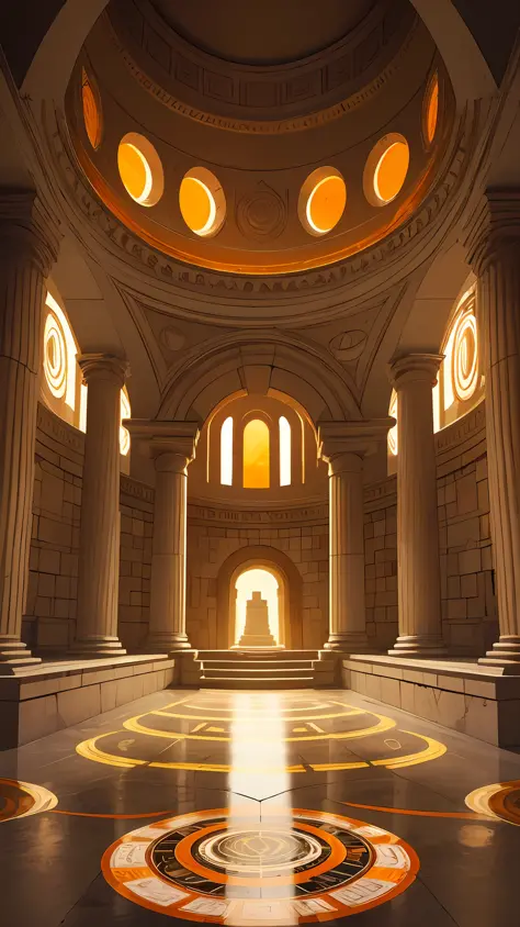 Circular temple, underground, round, abandoned, light coming from the pumpkin stained glass forming a mosaic, light coming from ...