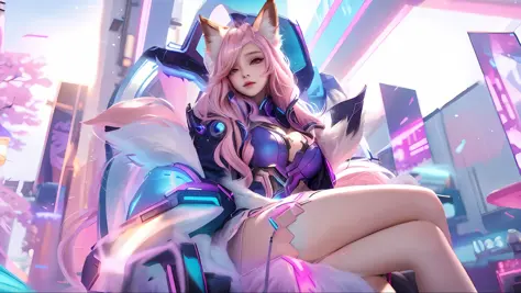 Superb image quality, 8k, masterpiece: 1.3, 1girl, super detailed, inspired by League of Legends Fox, cyberpunk, pink ears, pale yellow hair, white fox tail, night