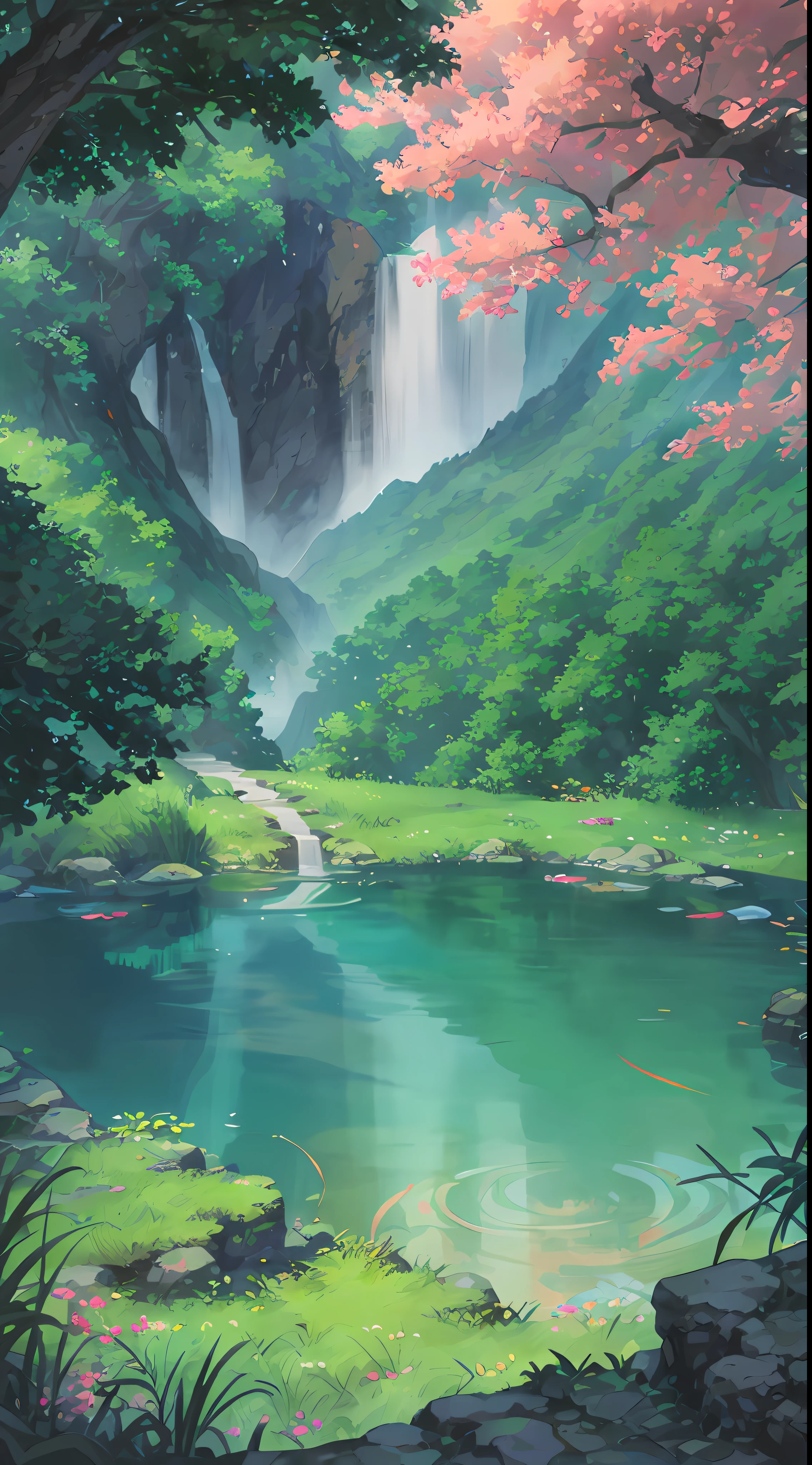 Hot springs, heat, water vapor, waterfalls, ancient Chinese times, jungles, lakes, caves, trees, meadows, night (illustration: 1.0), epic composition, realistic lighting, HD details, masterpieces, best quality, (very detailed CG unified 8k wallpaper)