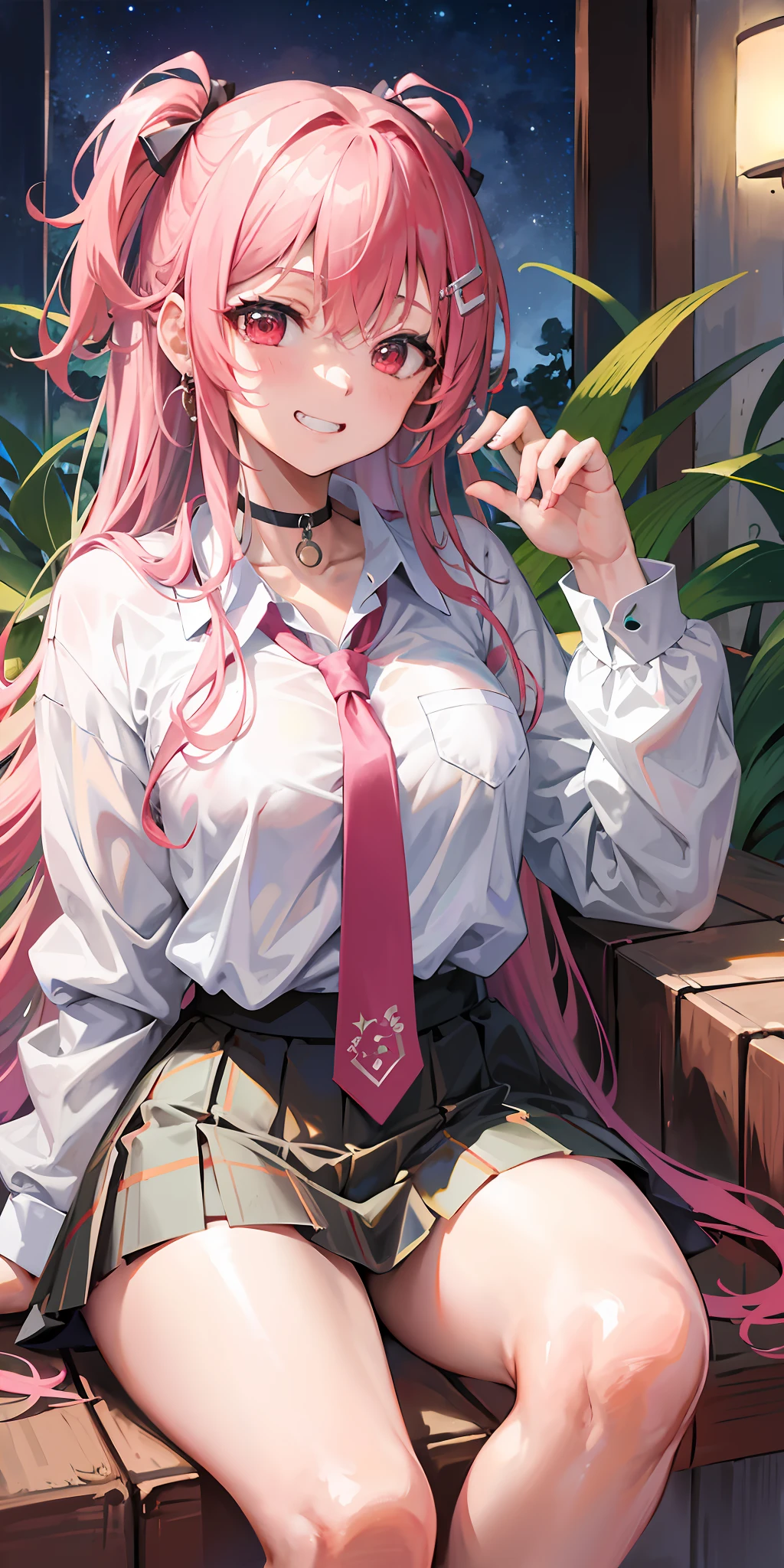 masterpiece, best quality, 1girl, long hair, bored, sitting, feet up, suns, forest 1girl, bangs, choker, necktie, ear piercing, masterpiece, best quality, 1girl, long hair, bored, sitting, feet up, suns, forest <feetPoseAnime_v11:0.6，eyebrows visible through hair, grin, gyaru, jewelry, kogal, long hair, looking at viewer, loose necktie, necktie, piercing, plaid, （Bikini），red eyes, ring, smile, 独奏, white shirt, Under the cherry trees，Cherry Blossoms，nsfw，Clear next to the lake，blond，Gradient hair，Bright moonlight，（beautiful night）Pink Areola，Exposing triangle，Soaked，（Ponytail on both sides），night（Pink Hair），Double tail