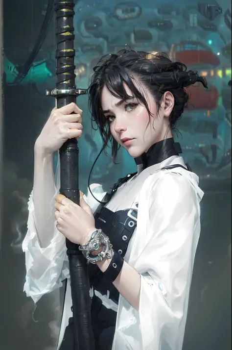 1 girl with a katana. Fair skin, Asian face, preserved face, high detail RAW color photo, hyper-realistic, (cyberpunk street rui...