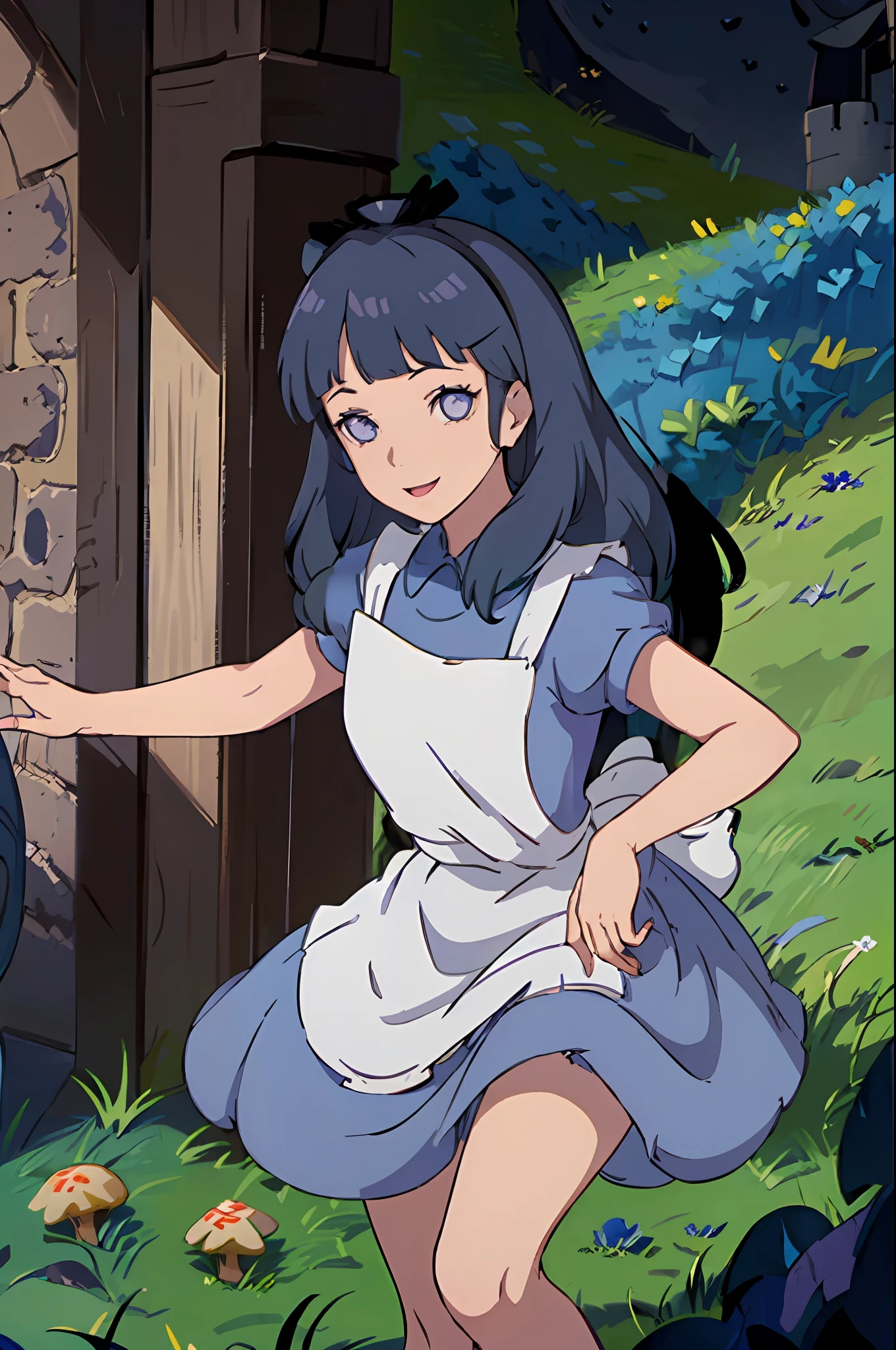 (masterpiece:1.4), (best quality:1.4), (high resolution:1.4), alice liddell, blue dress, white apron, black hairband, smile, looking at viewer, blunt bangs, (dark blue hair:1.3), (purple eyes:1.3), long hair, wavy hair, rabbit, ((wonderland)), hinata/(boruto/), big mushroom, fantasy, castle