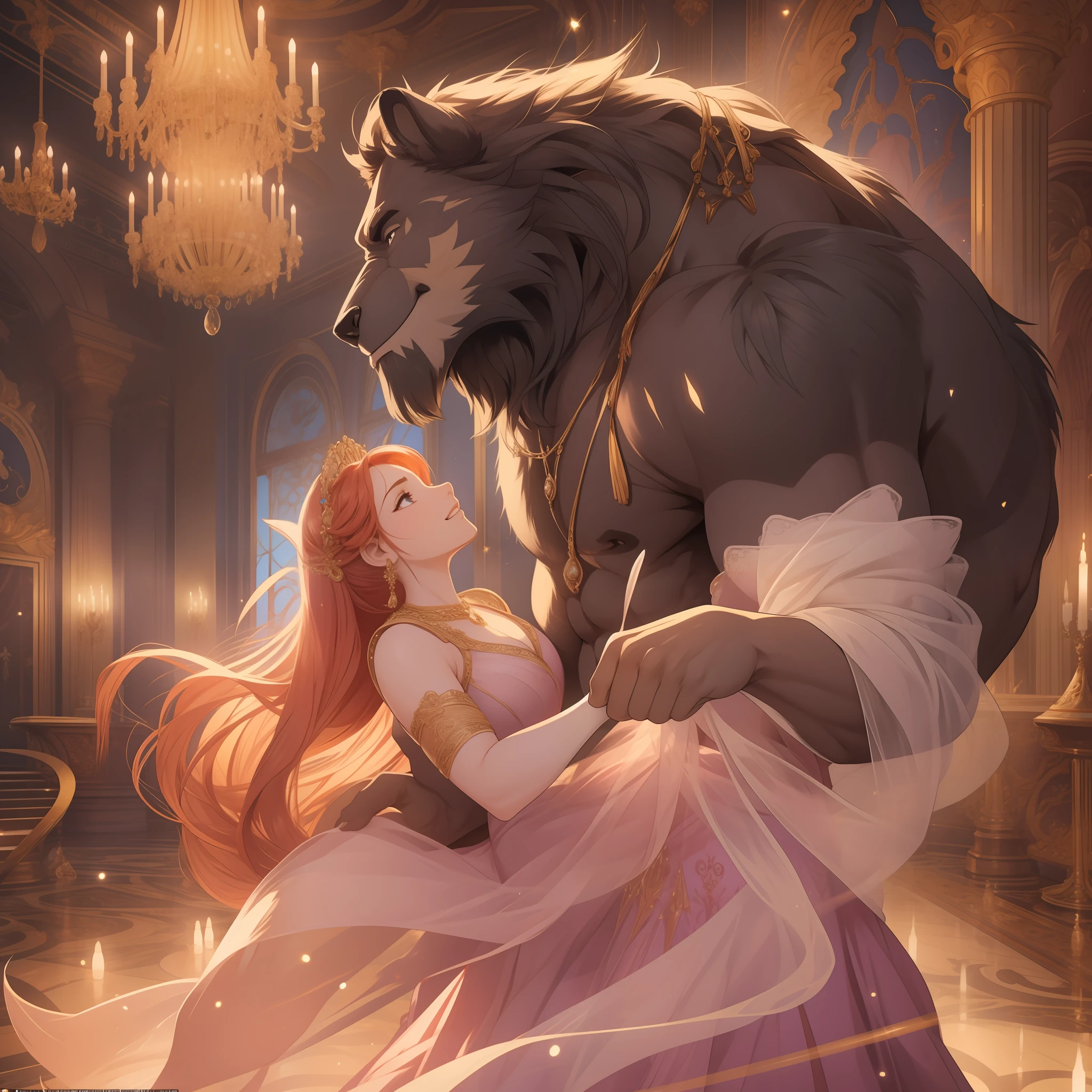 A captivating photograph that captures the essence of a woman and the Disney Beast dancing together in a timeless embrace, reminiscent of Disney's enchanting days in the 90s. The woman is dressed in an elegant ball gown, exuding grace and beauty, while the Beast, a muscular, hairy monster is depicted in his majestic, transformed state, exuding a mixture of strength and brutality. The photograph is taken in a large ballroom with sparkling chandeliers overhead, creating a magical atmosphere. The lighting is soft, accentuating their movements and highlighting their joyful, romantic expressions. The photo captures the classic Disney aesthetic with vibrant colours and a touch of nostalgia, bringing the beloved characters and their iconic dance to life in a high-quality, visually stunning way. The shot was taken using a professional DSLR camera and prime lens (50mm or 85mm) to capture the intricate detail and depth of field, emphasising the bond between the two characters.