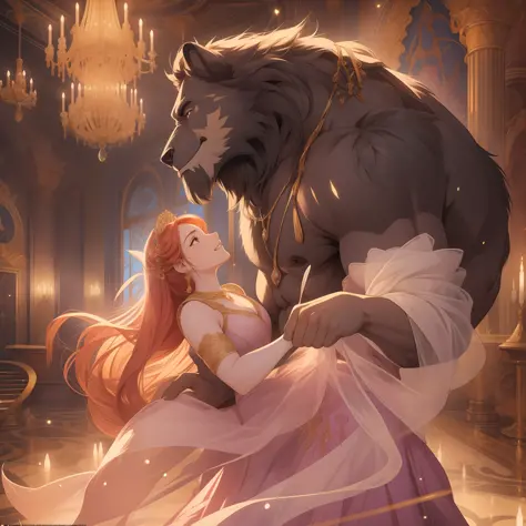 A captivating photograph that captures the essence of a woman and the Disney Beast dancing together in a timeless embrace, remin...