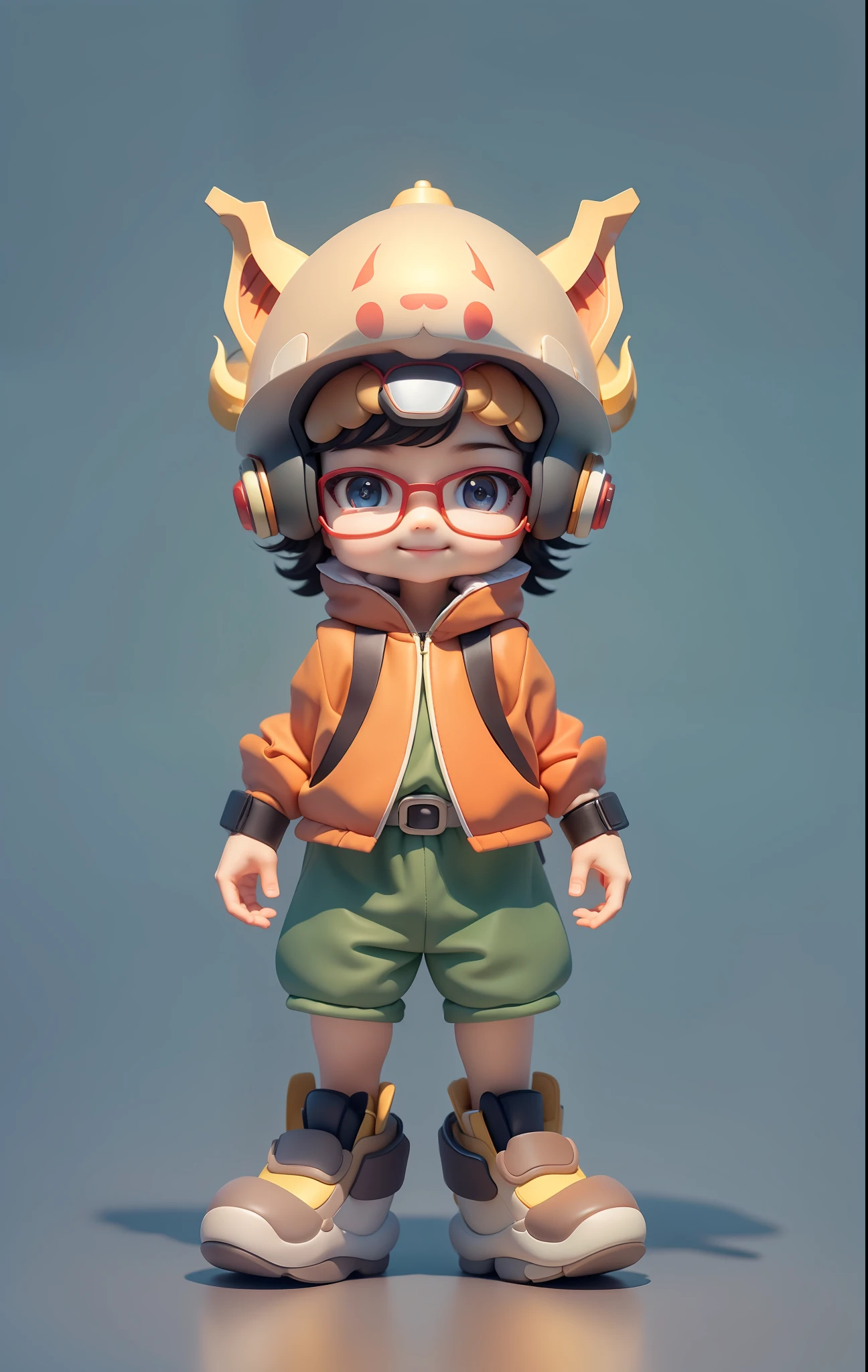 (Masterpiece, best quality) Chinese zodiac, a cute little boy, wearing a dragon-type helmet, tech headset, tech glasses, smart watch, trendy trench coat, smart running shoes, delicate eyes, happy smile, clean background, delicate gloss, 8k