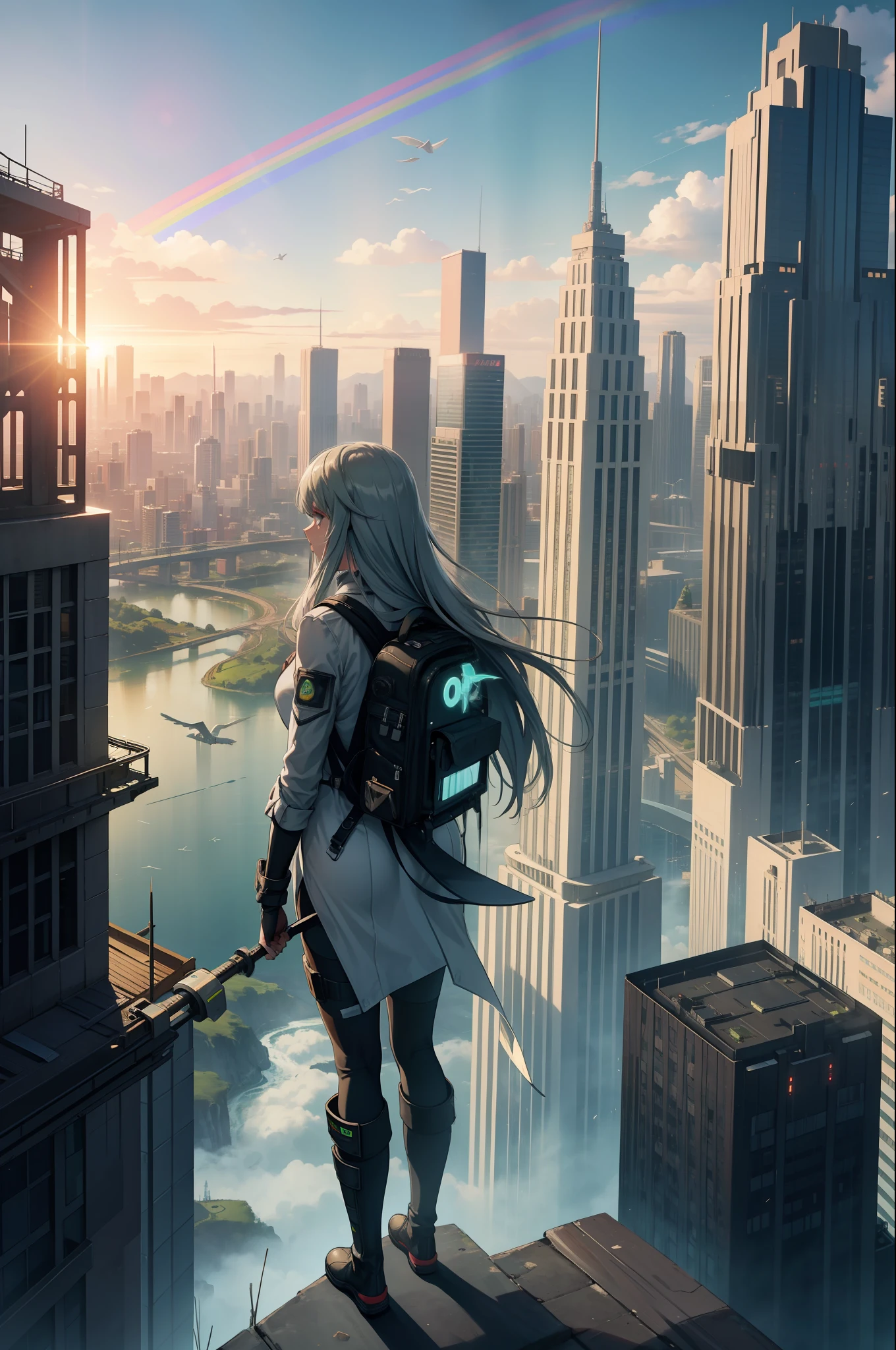 woman, cityscape, city, cloud, landscape, skyscraper, building, cloudy sky, sky, long hair, from behind, tight and viscous plug suit, bird, ruins, 1girl, sunlight, tower, turn away, city lights, green hair, water, sunrays, rays, bridge, post-apocalypse, tree, backpack, long hair, lens flare, knee boots, mountain, river, waterfall, gray hair, solo, weapon, skyline, rainbow, Neon trim