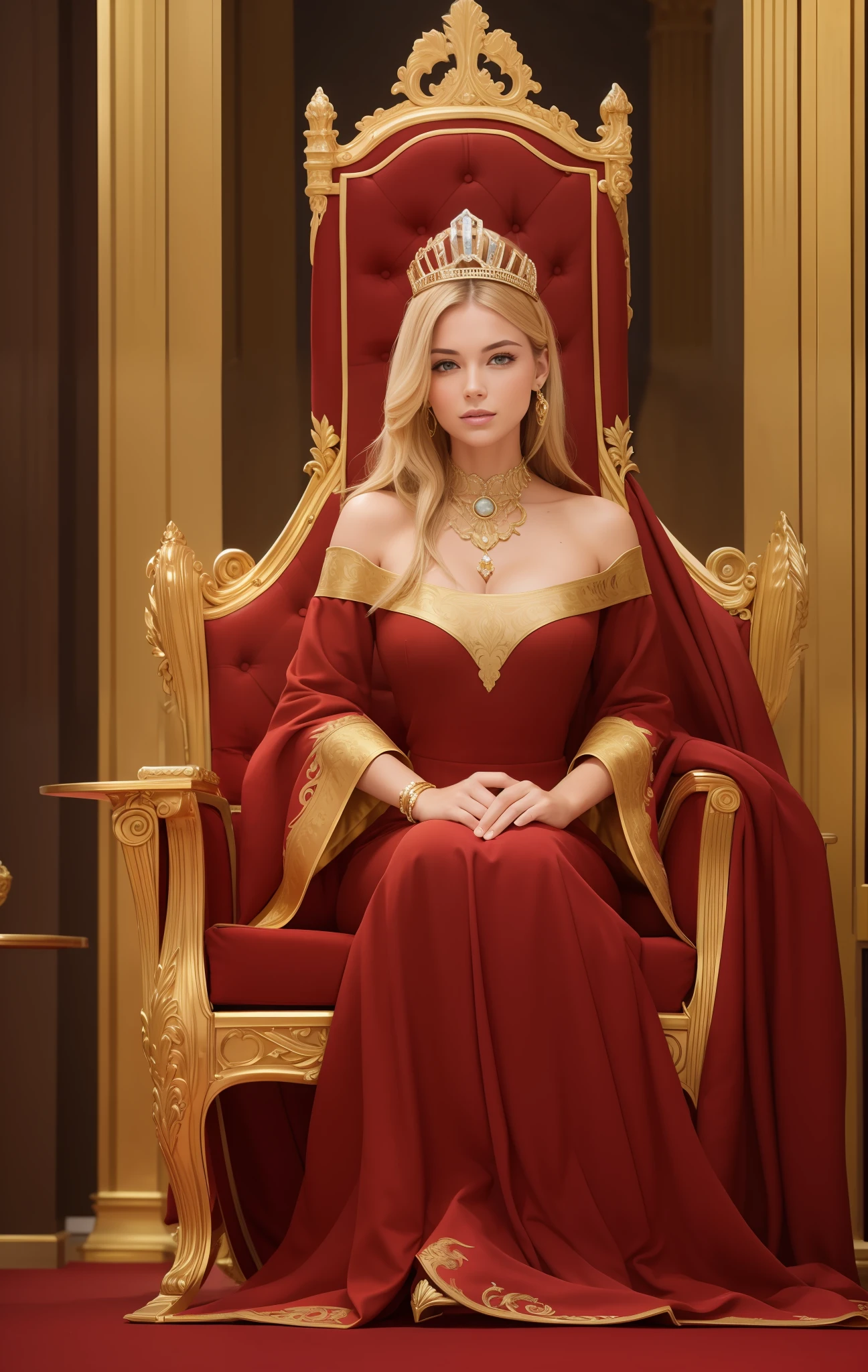 Picture of a French woman. Fit face. 2, Sharp chin, photography, raw photo, masterpiece, extremely detailed photo, DSLR, photorealistic 1.4, ultra hi res, best quality, full body picture, tall, toned, busty, long blonde hair, crystal tiara, silver jewelry, ornate ballgown, sitting in golden throne, massive golden throne room, red carpet