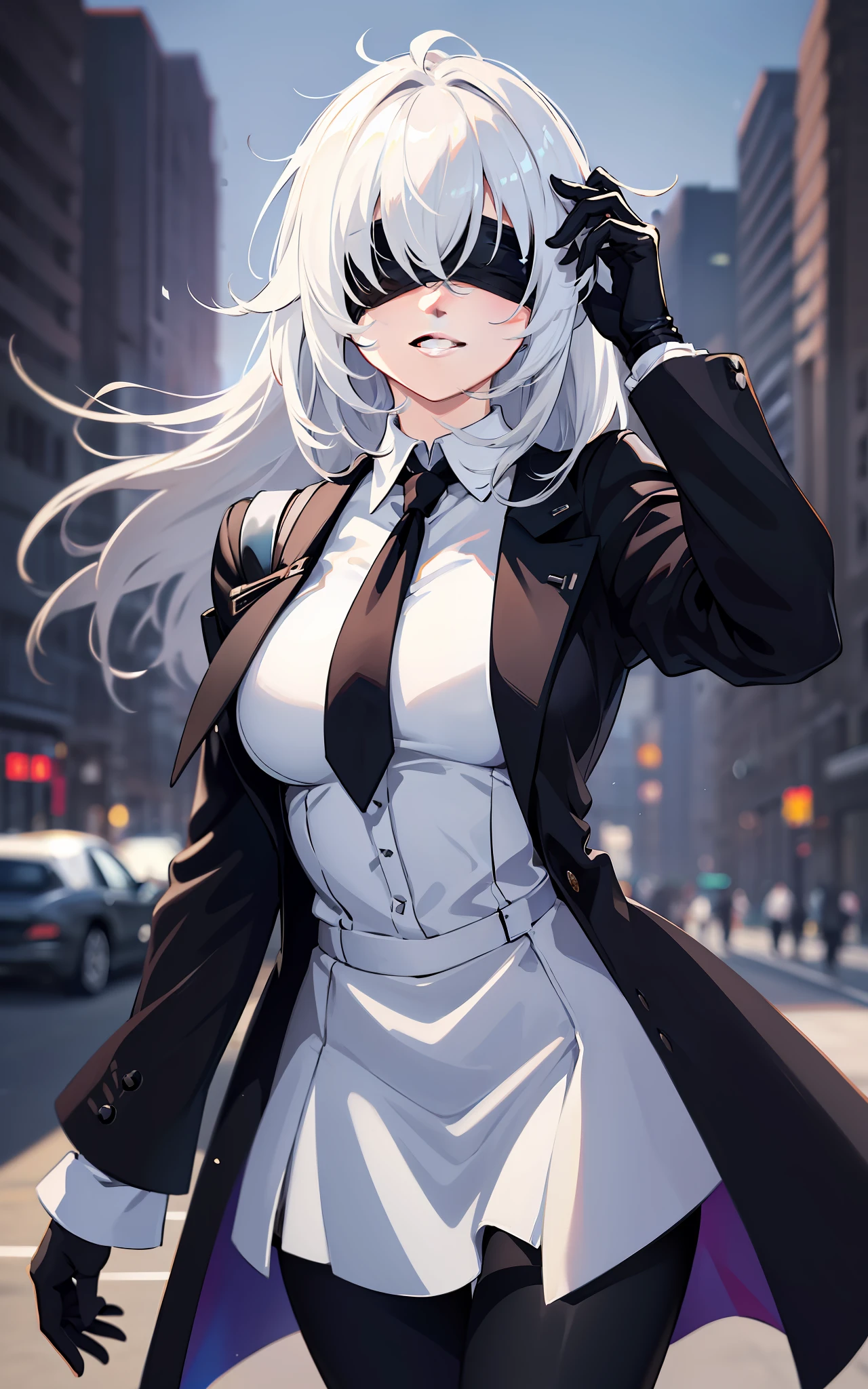 masterpiece, best quality, solo, (yorha no. 2 type b:1.14), (covered eyes:1.05), (upper body:1.1), medium breasts, 1girl, solo, (ruffling hair, messy hair:1.1), medium hair, white hair, city background, best quality, ultra detailed, 1girl, solo, medium hair, blunt bangs, does not look at the viewer, blindfolded, white shirt, long sleeve, tie, tight black pants,  black gloves, beautiful skin, dramatic lighting, high quality, perfectionism, shiny skin, long black overcoat, full body, both eyes covered, ((perfect hand: 1.2)), earrings, smiling