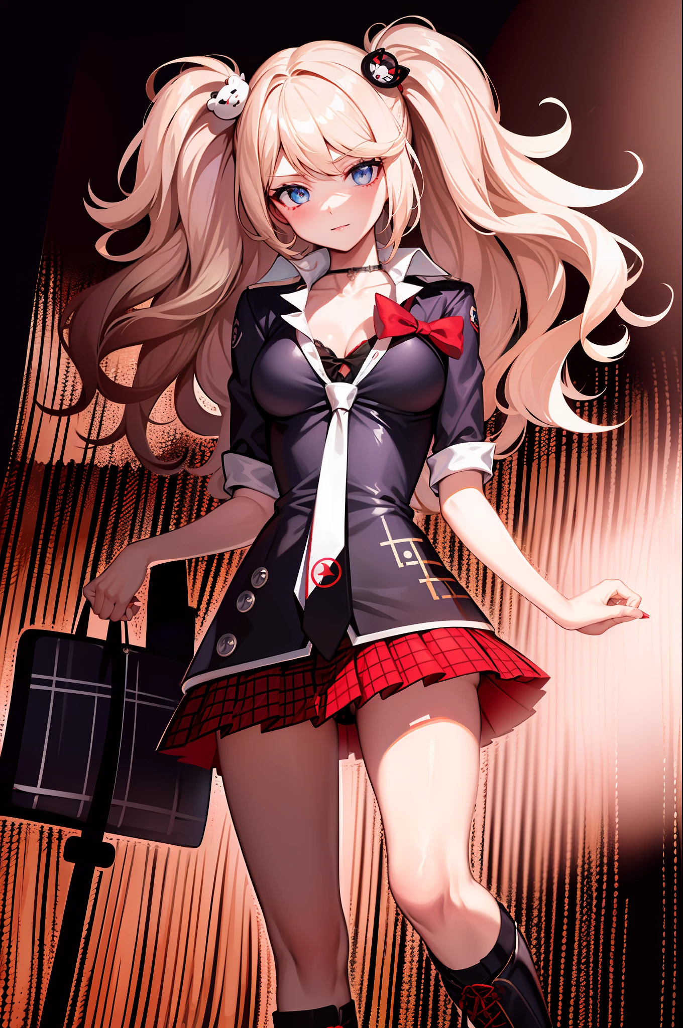 Enoshima shield, long blonde hair, 1 girl, double tail, solo, blue eyes, bangs, bear hair ornament, nail polish, red nails, red bow, black shirt, underwear, necklace, black bra, collarbone, sleeves rolled up, white tie, pleated plaid red dress, , black crossover lace-up knee boots, shiny, shiny hair, landscape, city view, city background, (hands on chest), hands on breasts, right hands, correct anatomy, five fingers, beautiful hands