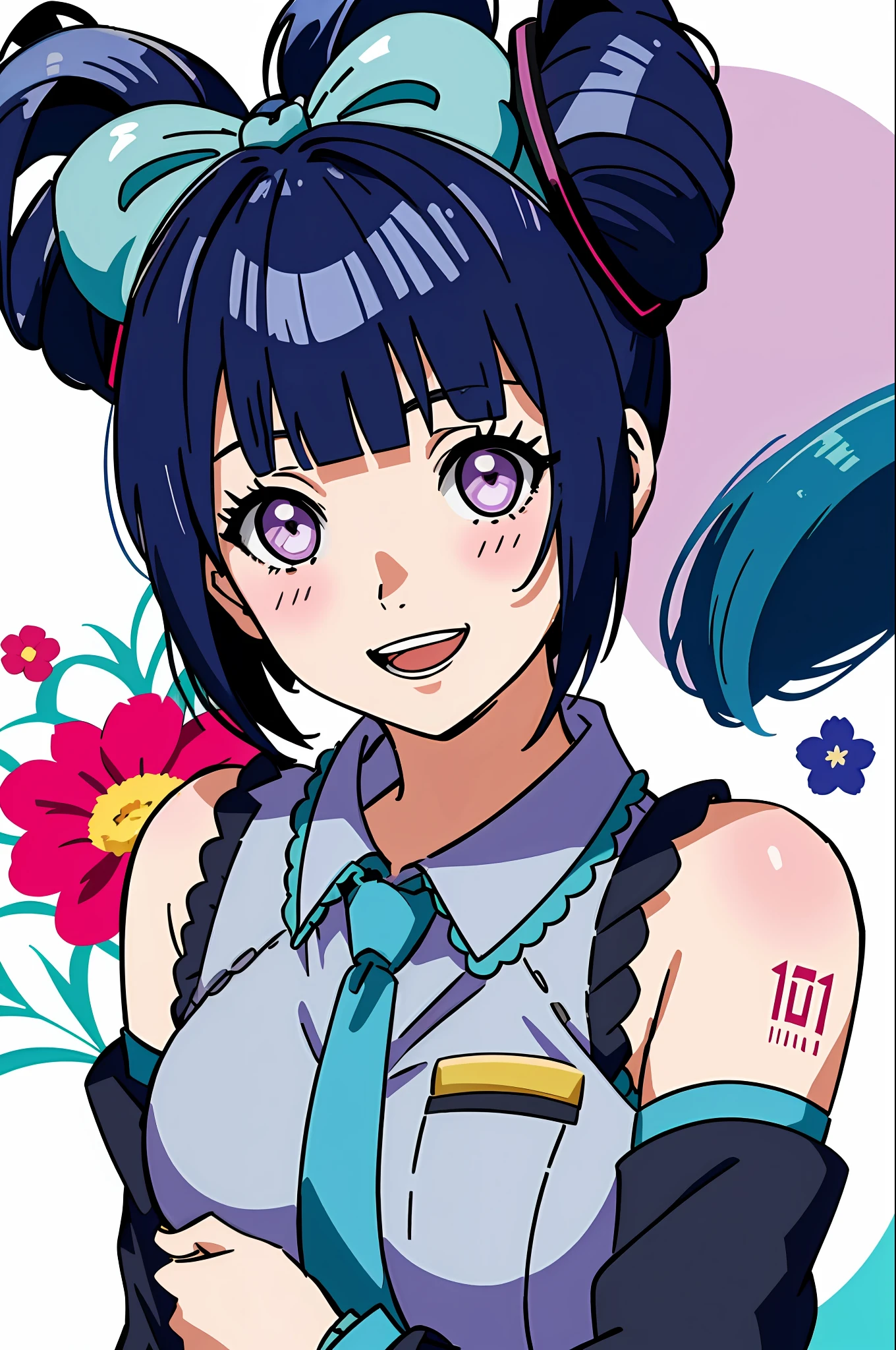 cinnamiku, short hair, upper body, smile, blush, :D, posing, full body, floral background, (blunt bangs:1.3), (dark blue hair:1.3), purple eyes, hinata\(shippuden\)