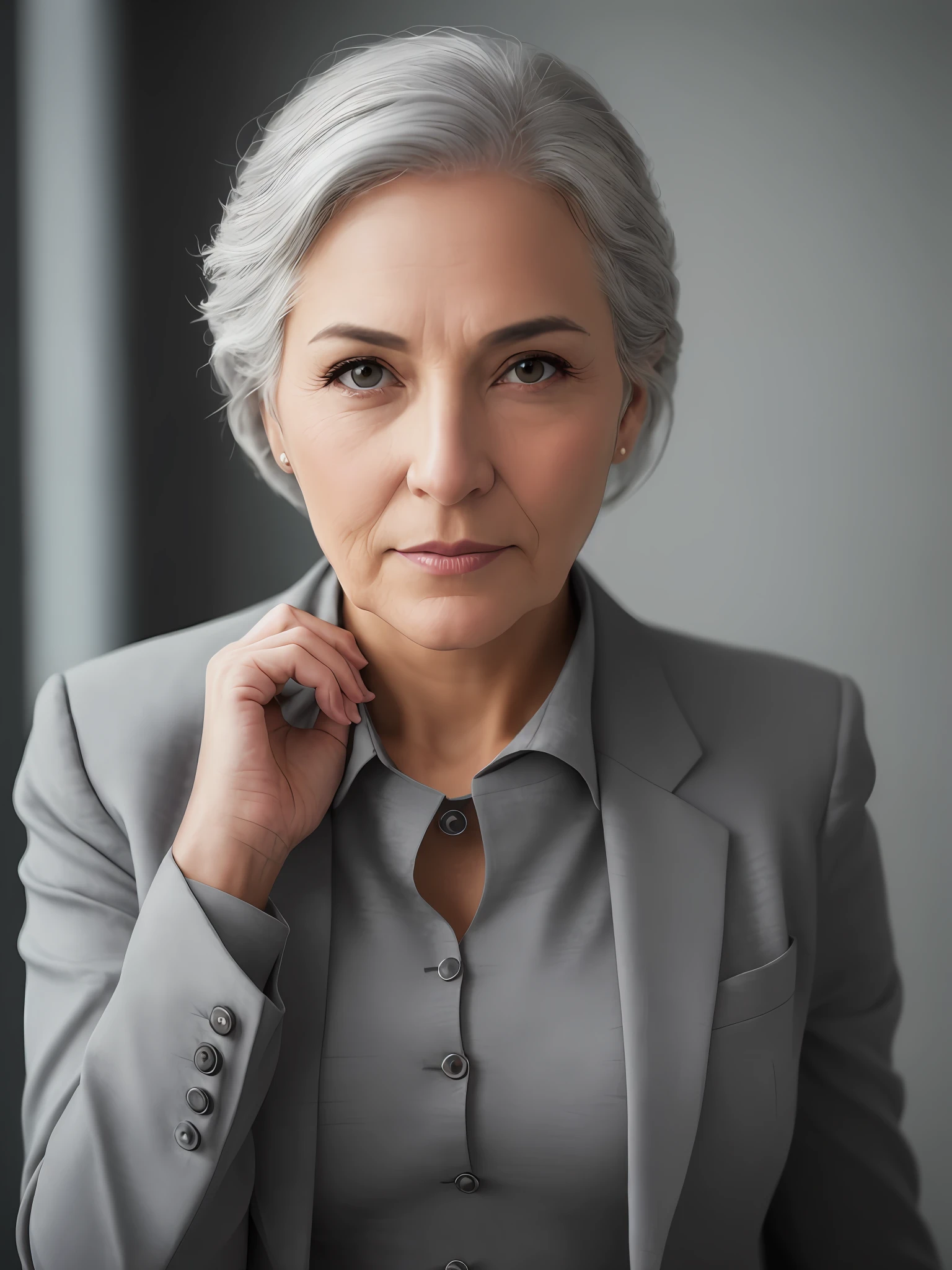 photo of a gray-haired woman in an elegant business suit, wide-frame photo, photo shoot style, exquisite, detailed, dramatic, elite, real world, (hard focus, 8 k), (((natural skin texture))), 8k textures, soft cinematic light, adome lightroom, photo lab, hdr, intricate, elegant, highly detailed, clear focus, (((cinematic look))), soothing tones, crazy detail, high detail, low contrast, soft cinematic light, dull colors, mixing exposures, HDR, fade, 35 mm, f/1.4, ISO64, f16, 25 sec.