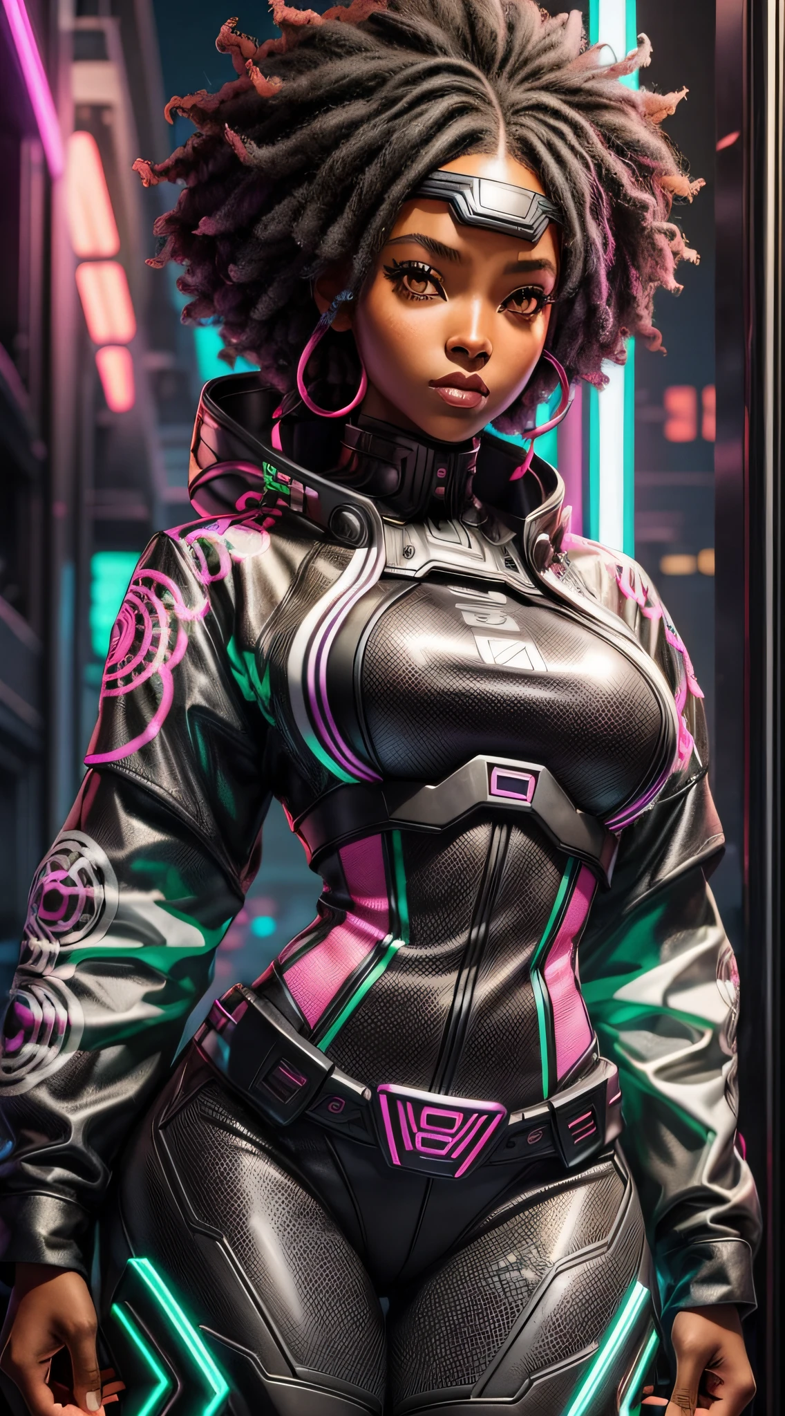 "Schöne schwarze Frau, ausgelassen und in hochwertiger Afrosamurai Techwear-Kleidung gekleidet, in einem futuristischen und coolen Setting, mit Neonlichtern und kontrastierenden Schatten."