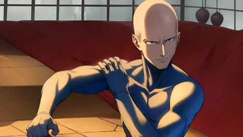 One-punch superman Saitama, Saitama violently beats the monster, the close-up is the monster lying on the side blurred flesh and...