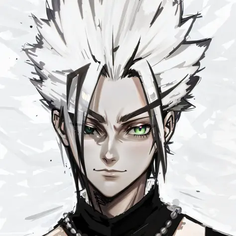 A drawing of a brunette man with a mohawk and a black shirt, manga style, with green eyes --auto --s2