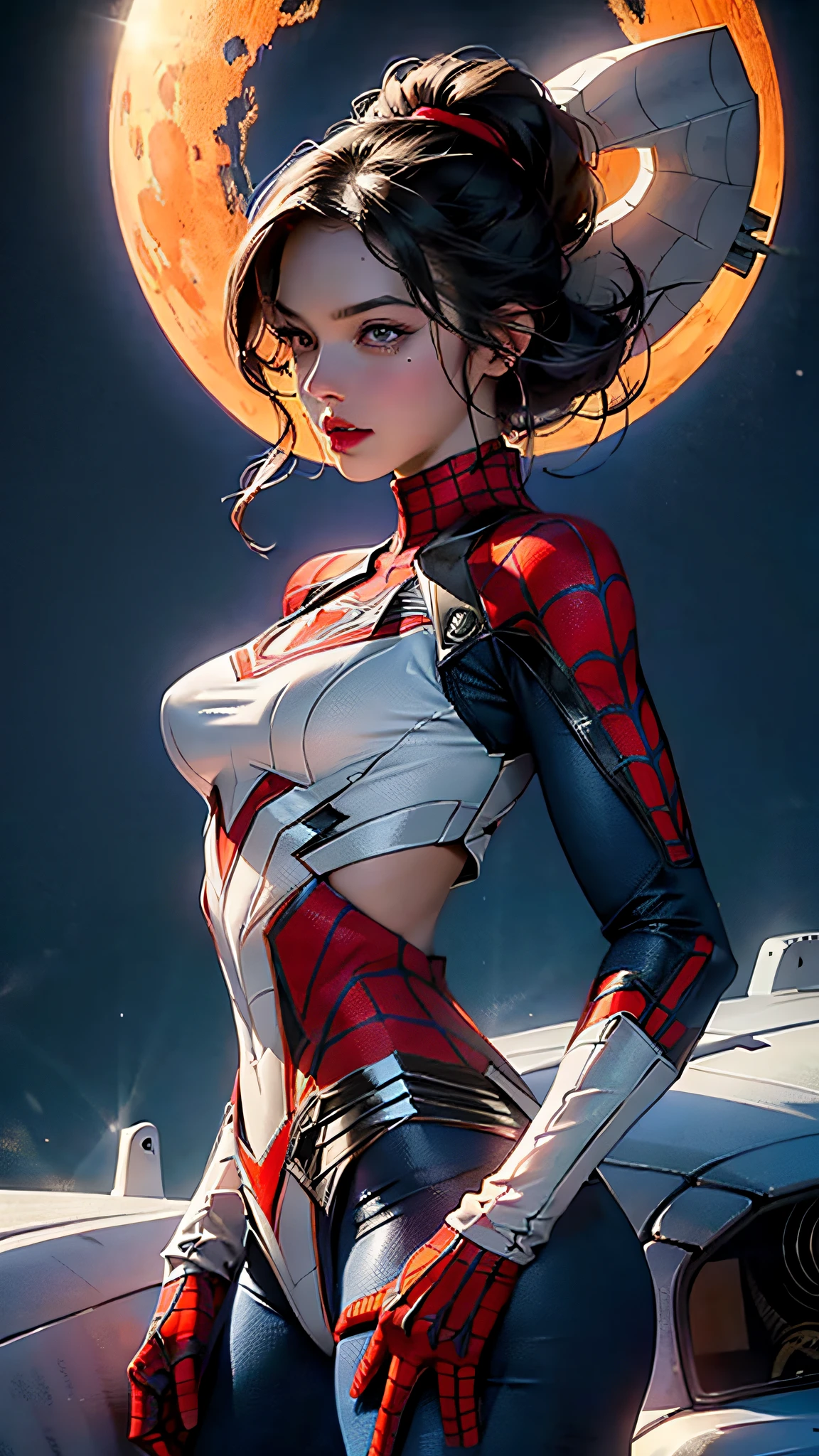 Em um porta-aviões, nave espacial, batalha, mulher bonita com um corpo bem definido usando o RPG do Homem-Aranha, seios médios