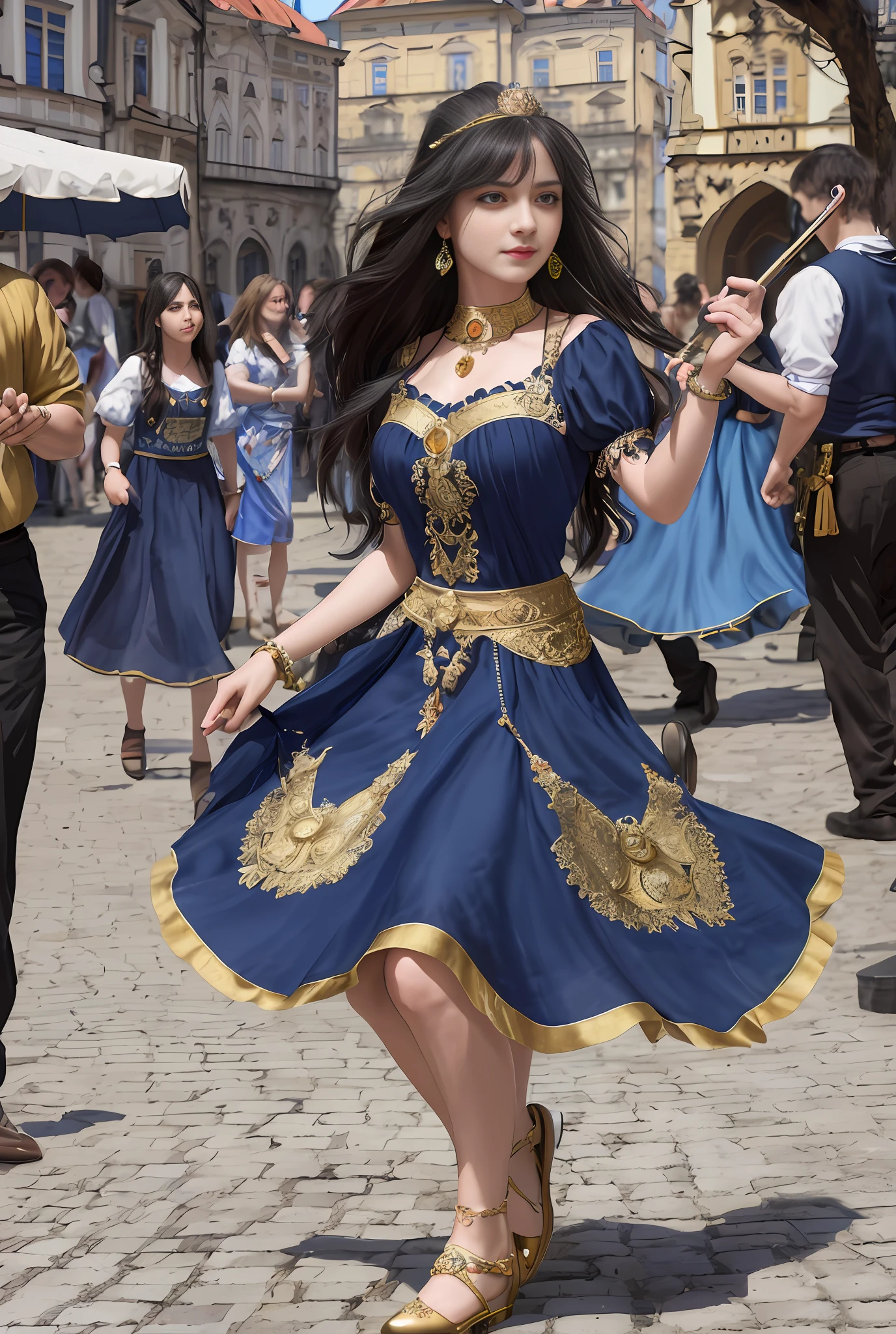 (masterpiece, best quality, realistic),
1girl,Prague Old Town Square background, gypsy dress, dancing, intricate, dark blue dress,(princess eyes,shiny pupils), gold, gypsy person, banquet, crowd, picking up skirt,pale skin,
[slight smile],
