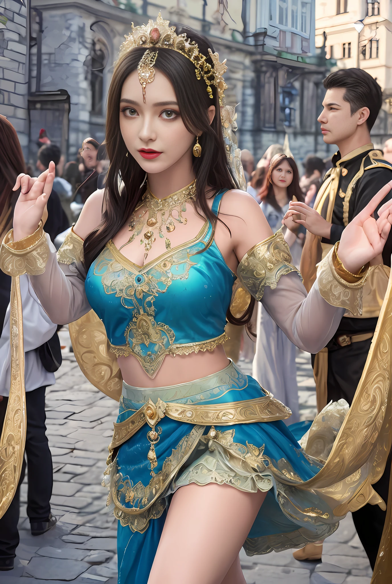 (masterpiece, best quality, realistic),
1girl,Prague Old Town Square background, gypsy dress, dancing, intricate dress,(princess eyes,shiny pupils), gold, gypsy person, banquet, crowd, picking up skirt,pale skin,
[slight smile],