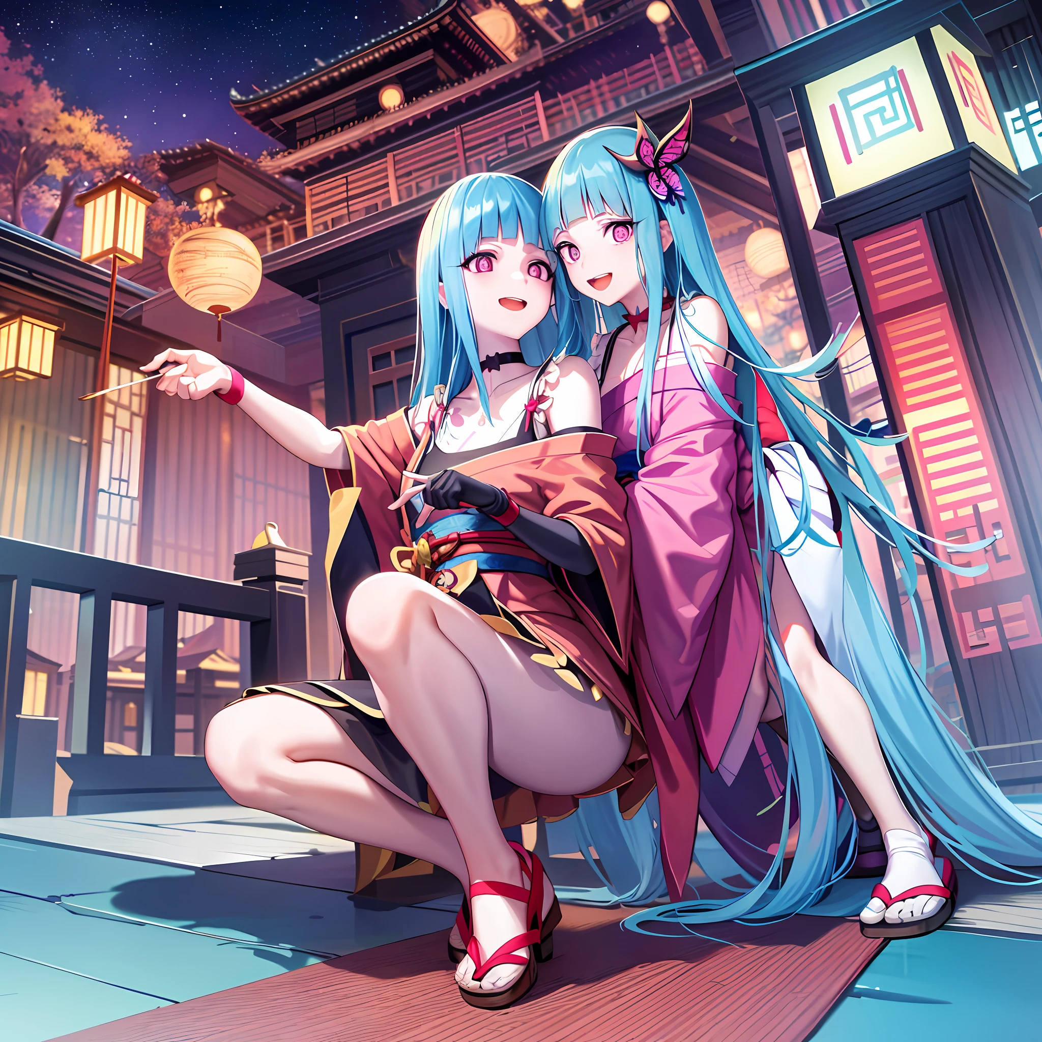 masterpiece, exquisite, high-resolution, single woman, blue long hair, floating hair, hair ornament, fish hair ornament, tassels, kanzashi, bangs, pink eyes, open mouth, smile, teeth, upper teeth only, choker, red choker, pendant choker, butterfly choker, collarbone, tattoo, chest tattoo, flower tattoo, cleavage, middle chest, thigh, bandage, bandaged leg, sarashi, budget sarashi, Chest sarashi, Black sash, Hadanugi dosa, Broomstick, Japanese clothing, Kimono, Drawstring, Obi, Obiage, Obijime, Pink kimono, Drawstring, Patterned kimono, Rope, Obi , Shimenawa, Short kimono, Bare shoulder, Genshin, East Asian architecture, Cherry blossoms, Full body, squatting, Sparkler, night, fireworks, fireworks, cross legs, legs, single glove, single fingerless glove, wristband,  Black Socks,