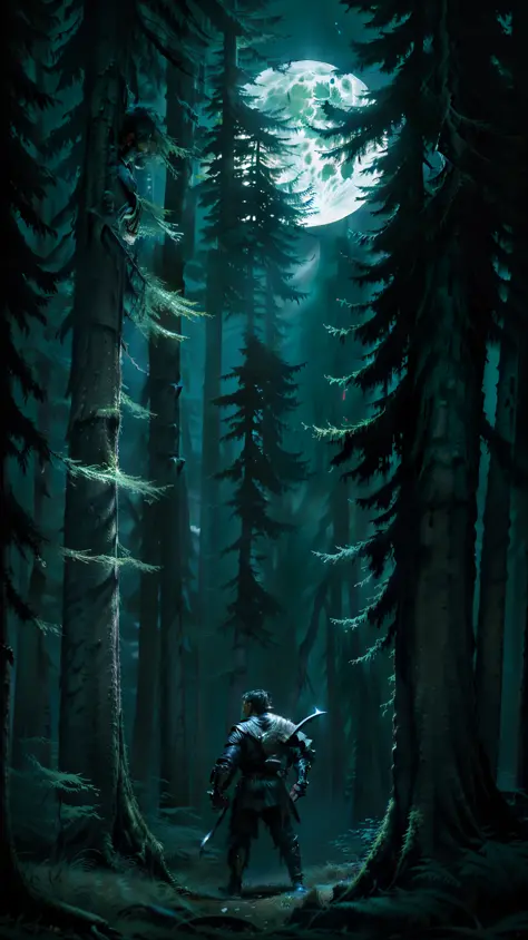 (Photorealistic high resolution image) Night forest hunter, full moon in the background, (dangerous forest scenery, tall trees, sneaky animal watching) "Man hunter of "shield and sword", dressed in warrior clothing. " super detailed, professional photograp...