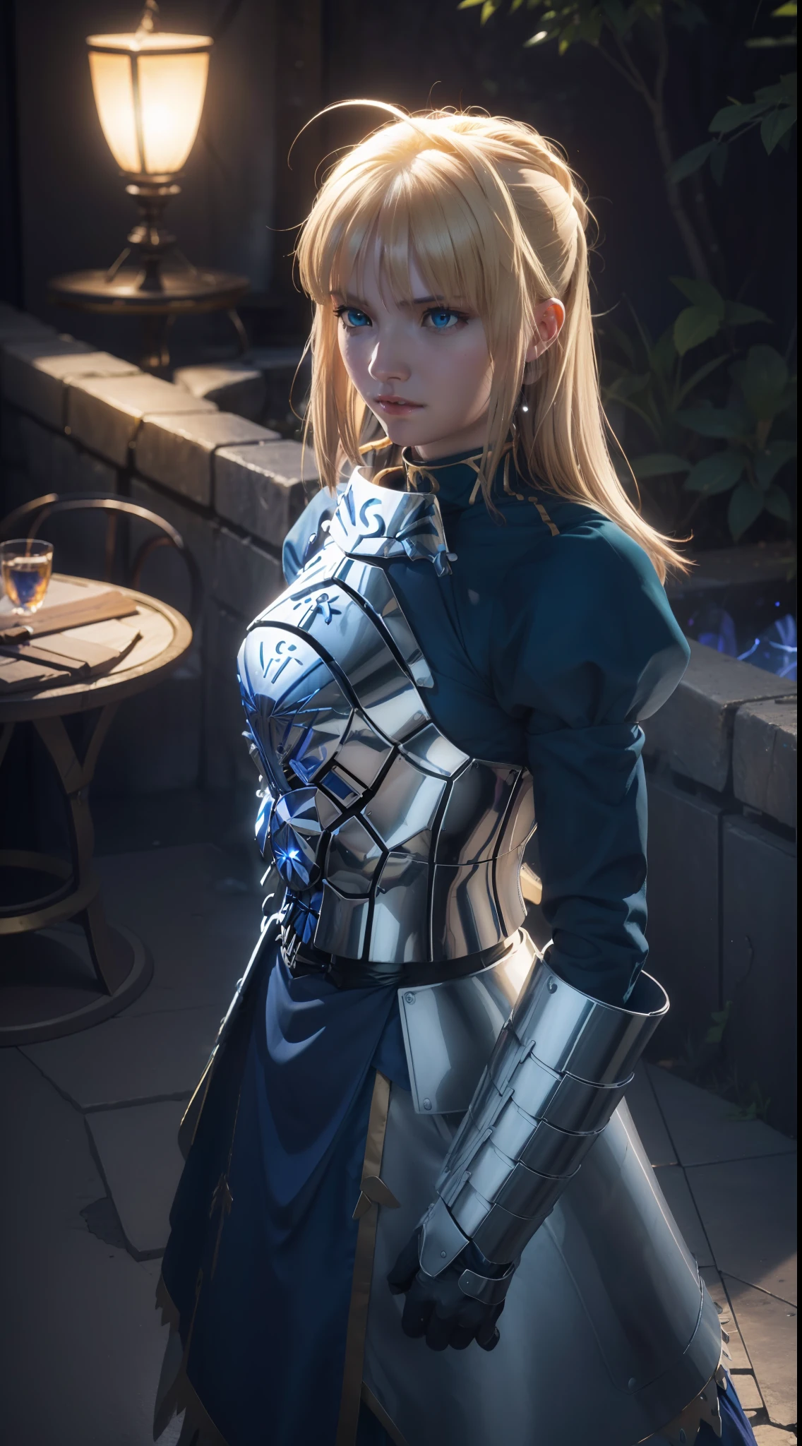 1girl, artoria pendragon (Fate), armor, looking at viewer, warrior look, battle posture, bright blue eyes, armor gloves, 8k, ultra detailed, masterpiece, best quality, (extremely detailed), Saber (Fate Stay Night), Saber cosplay, dynamic angle, battlefield background, rim lighting, cinematic light, ultra high res, 8k uhd, best shadow, delicate,  RAW, light particles, detailed skin texture, detailed armor texture, detailed face, intricate details, ultra detailed, bright, strong, bright eyes, long cable, fantasy, (realistic), complex, intricate, perfect lighting, cinematic lighting, sacred light, vivid, bang, windy, realistic, photorealistic.