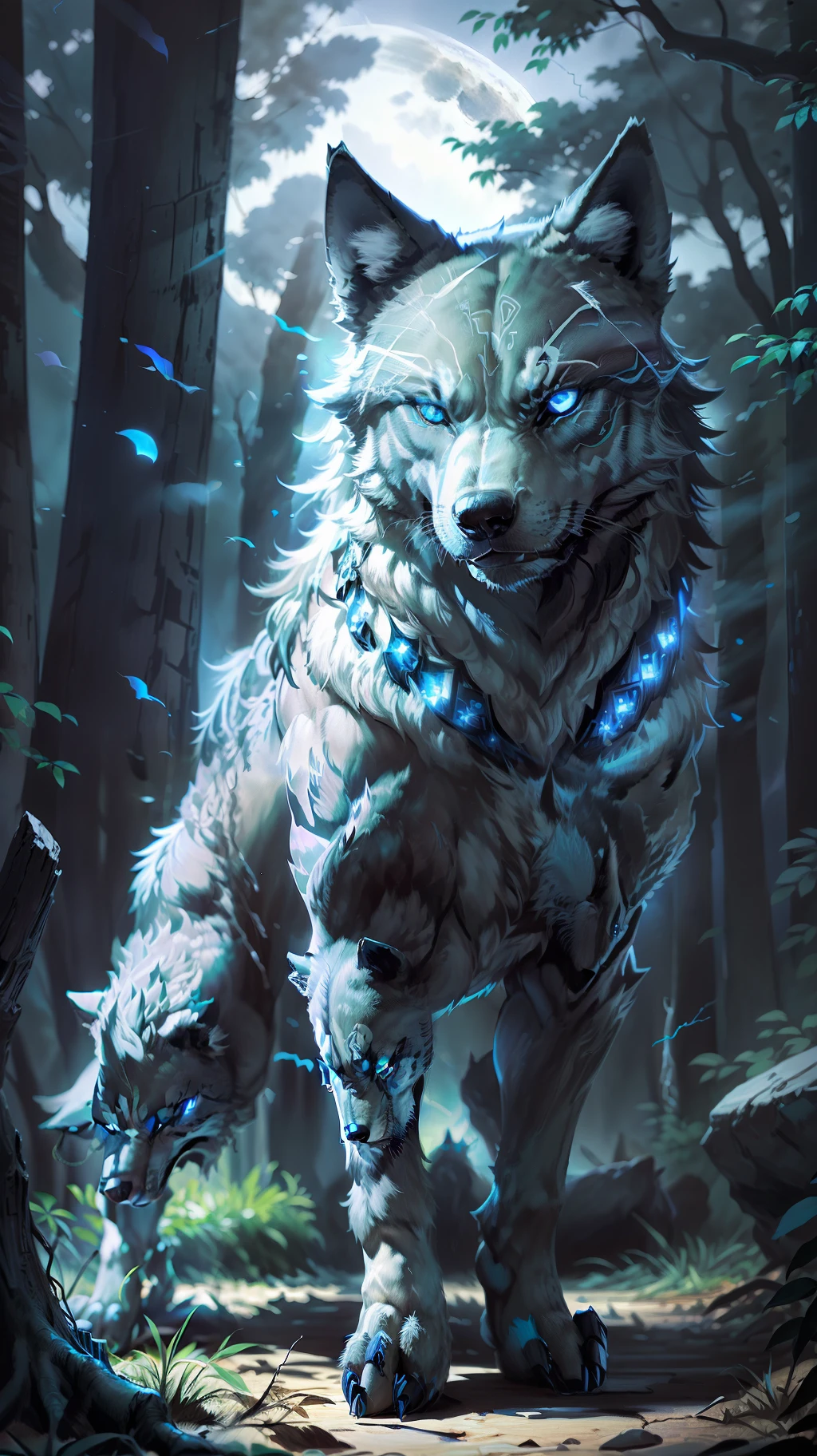 (Photorealistic open image) Super wolf protector of the pack, "black colored wolf bright blue eyes." Canine pack of wolves, (full moon, night forest)