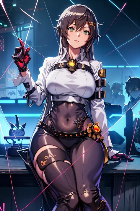 anime girl sitting on a desk with a computer in the background, biomechanical oppai, cyborg merchant girl, oppai cyberpunk, cush...