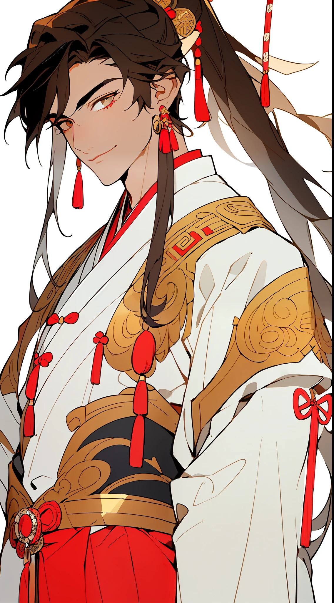 ((illustration of a man in traditional Chinese clothing)), (1 boy solo), close-up, facing the camera, (resolute eyes, handsome), (ancient Chinese clothes, white robe, embroidered collar Uesugi, white large-sleeved shirt, streamers), ((long black hair)), (ancient Chinese clothes, bunched ponytail, streamers, tassels, silver thread, beaded, embroidery, hairpins), (clear facial features, detailed skin texture, beautiful face), white background, earrings, standing, (masterpiece, top quality, Best Quality), (((Flat Color))),