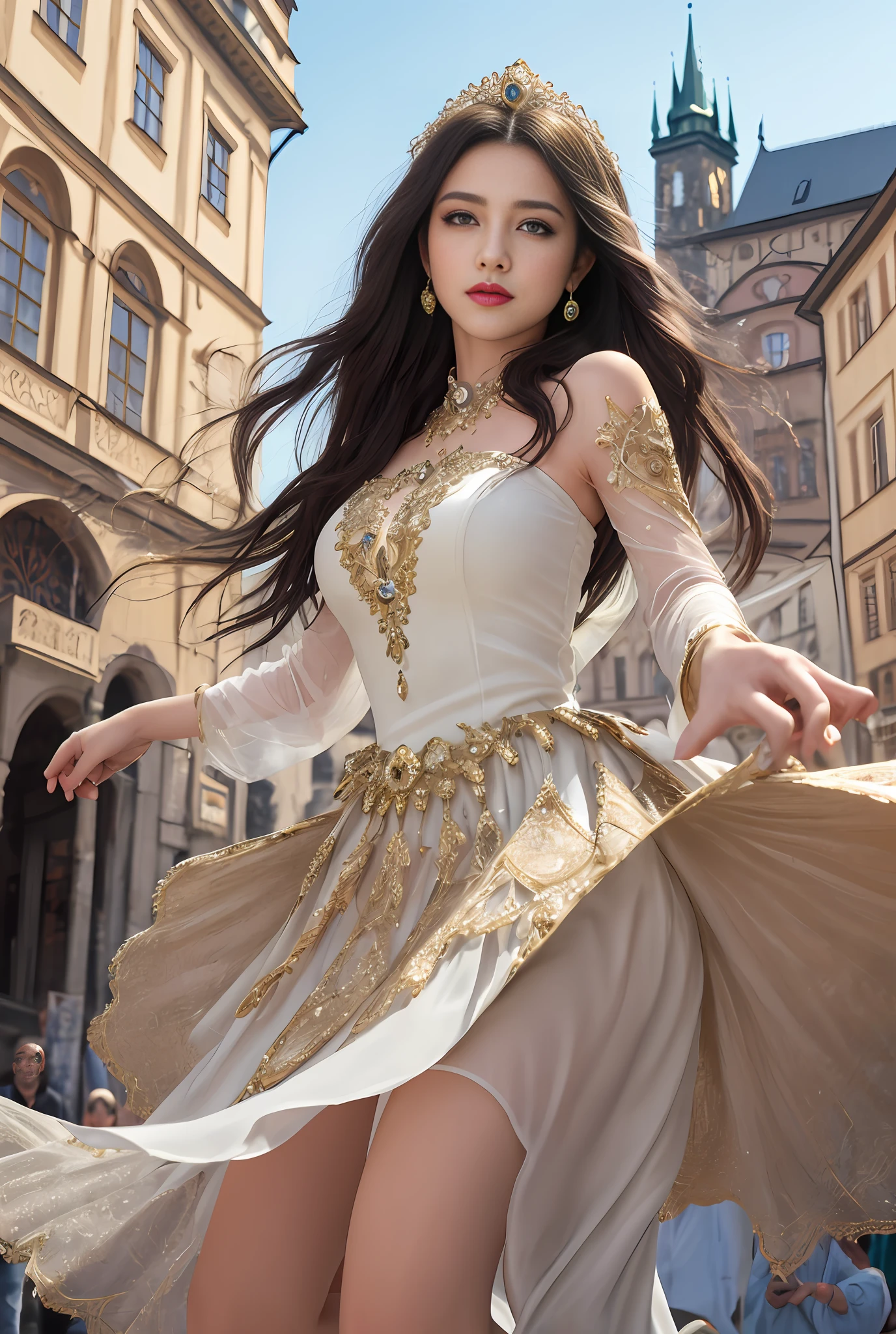 (masterpiece, best quality, realistic),
1girl,Prague Old Town Square background, gypsy dress, dancing,(princess eyes,shiny pupils) intricate, dark white dress, gold, gypsy person, banquet, crowd, picking up skirt,pale skin,
[slight smile],