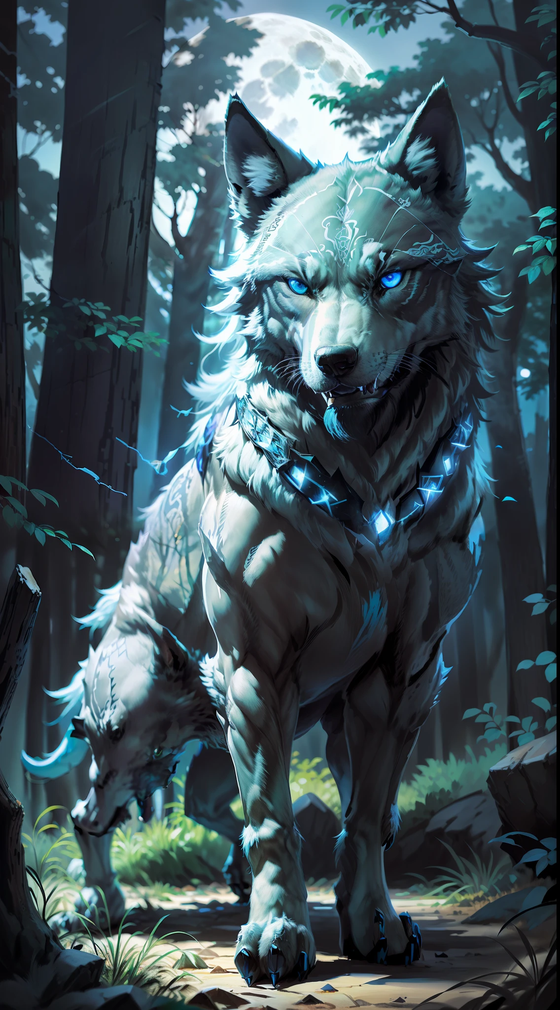 (Imagem aberta fotorrealista) Super lobo protetor da matilha, "lobo de cor preta olhos azuis brilhantes." Matilha canina de lobos, (lua cheia, floresta noturna)