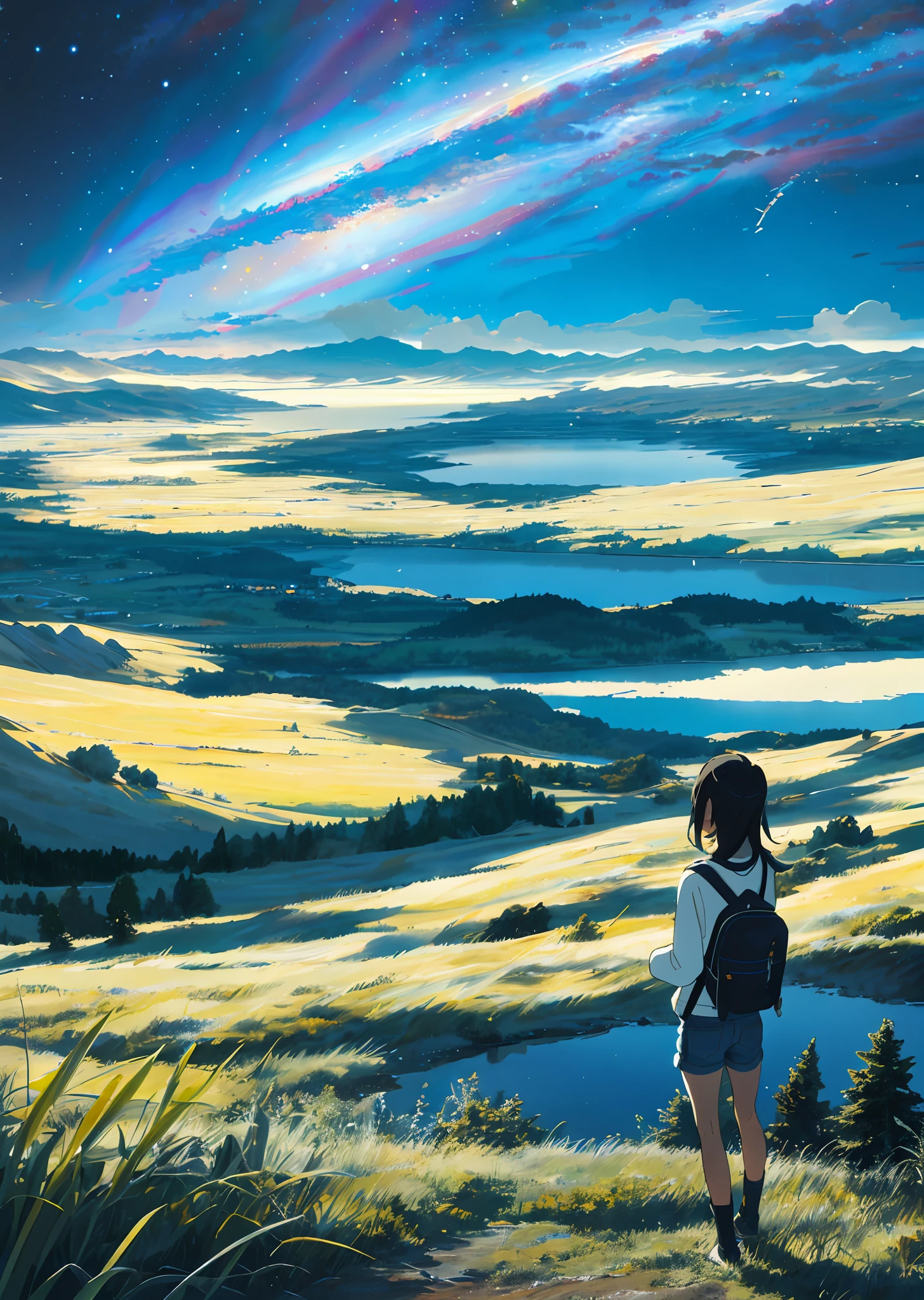 Vast starry sky, beautiful skyline, large grasslands, beautiful lakes, dramatic pictures, moving visual effects, hanging North Star, colorful natural light. Long-sleeved top, denim shorts, a teenage girl with a backpack, masterpiece, 4K
