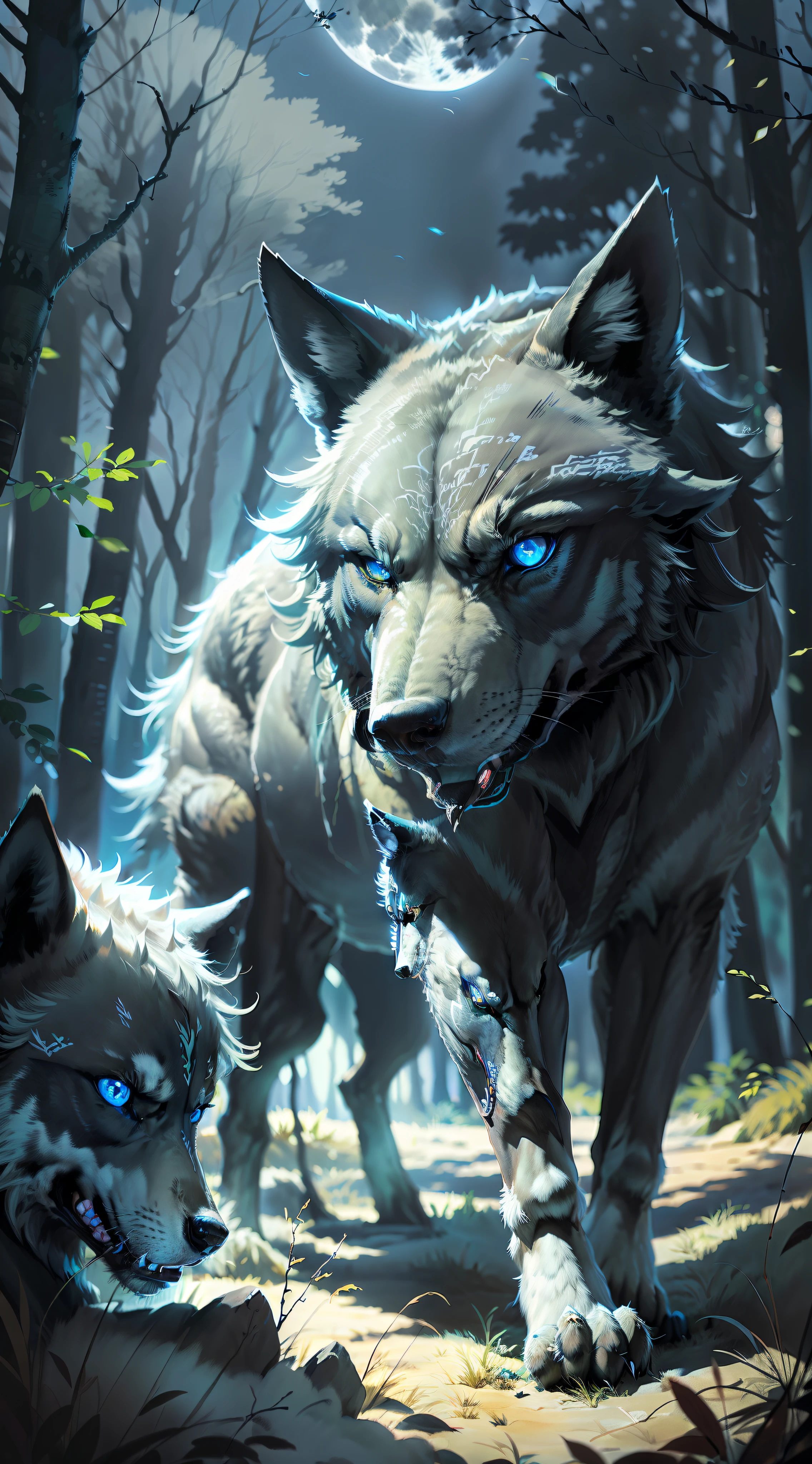 (Photorealistic open image) Super wolf protector of the pack, "black colored wolf bright blue eyes." Canine pack of wolves, ( full moon, night forest) "black color"