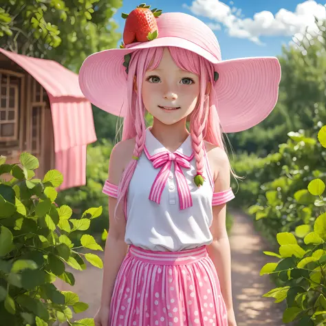 10 year old girl, pink sandal, pink hat, pink skirt, white blouse, white and green socks, pink hair, very long hair, freckles on...