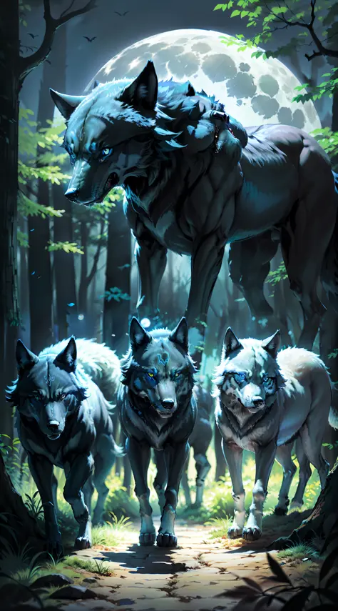 (photorealistic open image) super wolf protector of the pack, "black colored wolf bright blue eyes." canine pack of wolves, (ful...