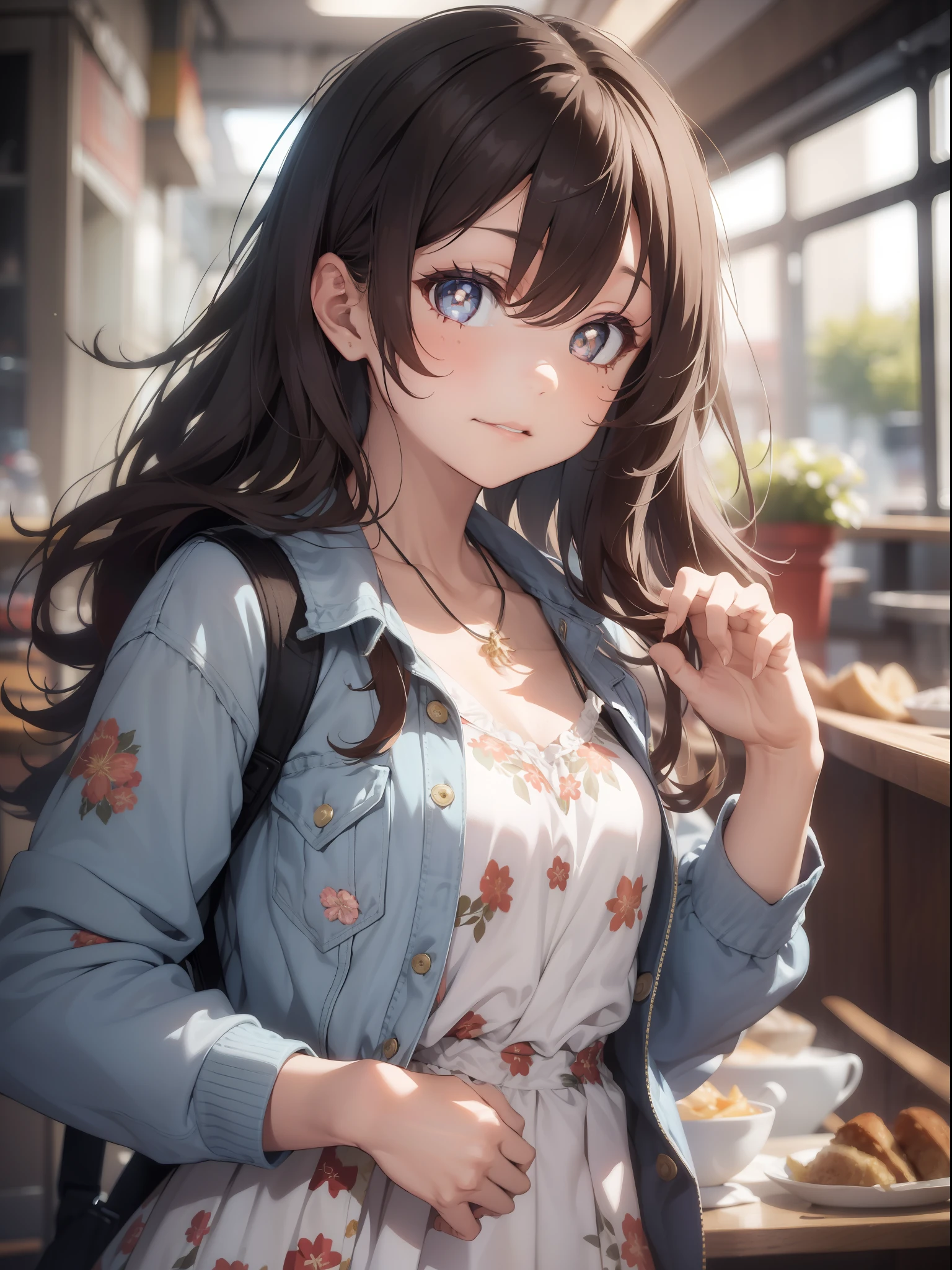1girl, (solo:1.2), ((masterpiece)), [slim], (small breasts), pale skin, ((detailed eyes)), (bokeh effect), (dynamic angle), dynamic pose, cozy cafe, starry brown eyes, brunette with wavy hair, (denim jacket over a floral dress), necklace, backpack