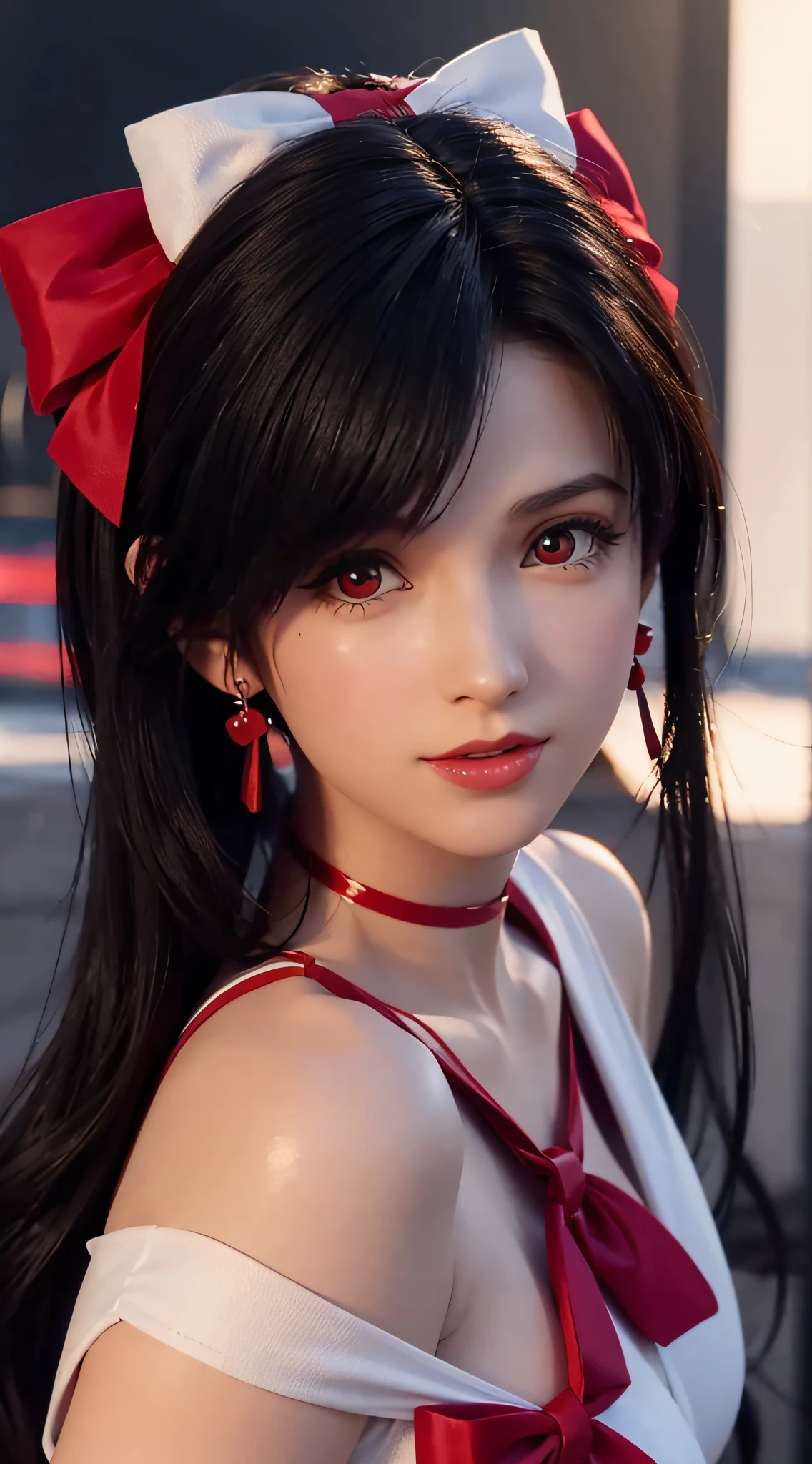 Wearing red and white dress and purple bow, 1girl, 8k, high resolution, sailor moon style, (best illustration), frontal standing bust, detailed face details, huge breasts, standing action, outdoor background (super detailed), short black hair, realistic, facing the audience, attractive, very detailed, 25 years old