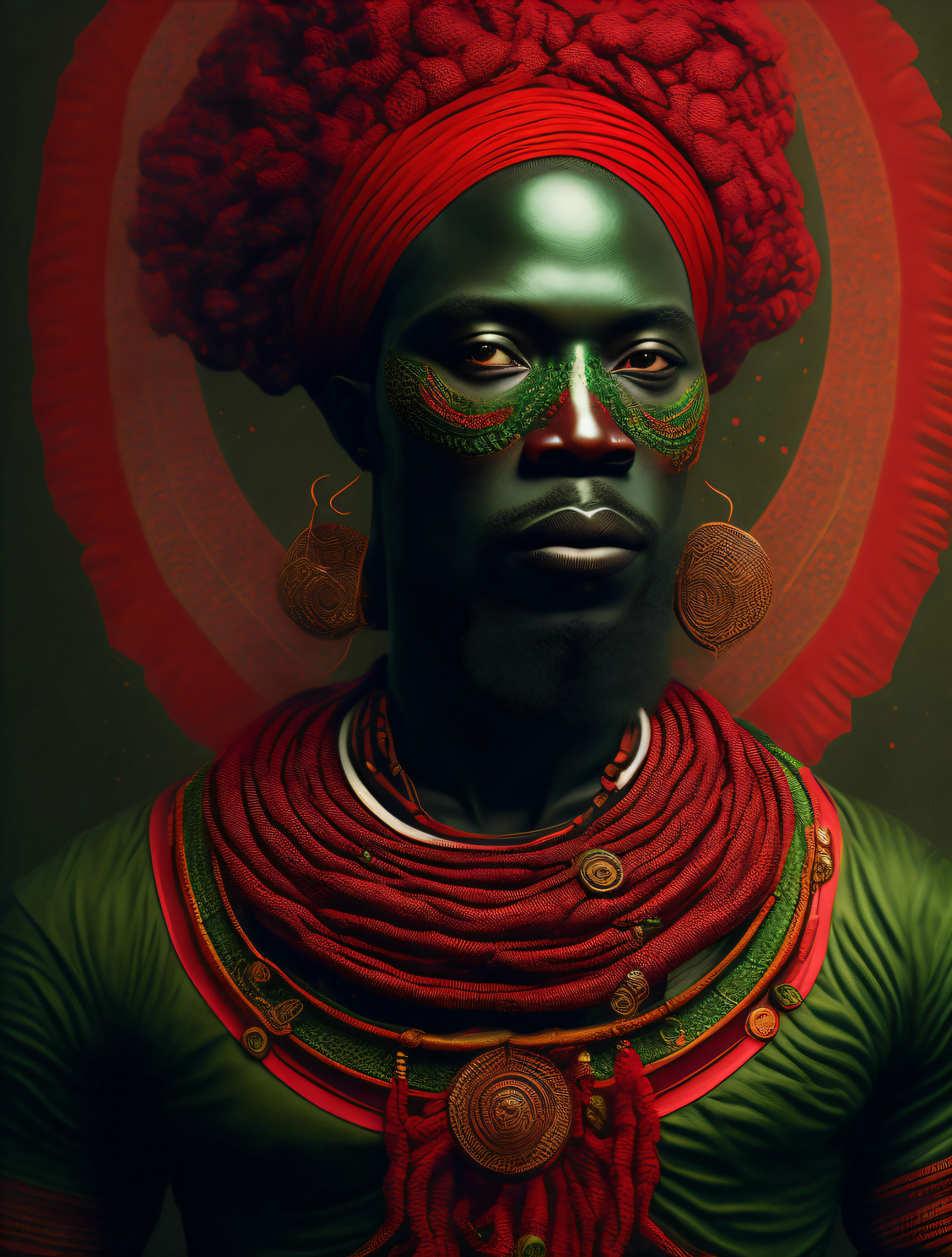 Ogun the African orisha, Yoruba, strong man, red and green, wearing a ...