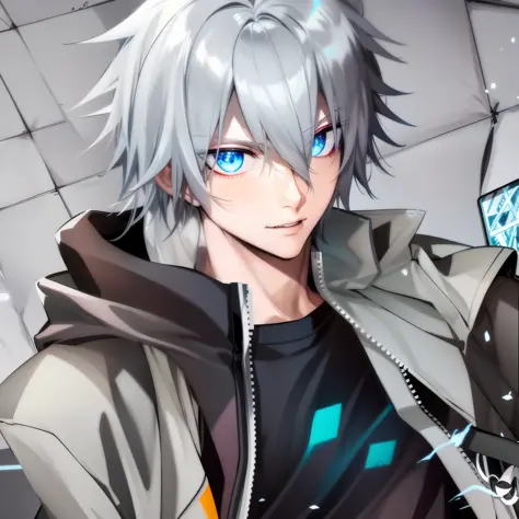anime boy with blue eyes and a black shirt holding a cell phone, tall anime guy with blue eyes, hajime yatate, nagito komaeda, a...