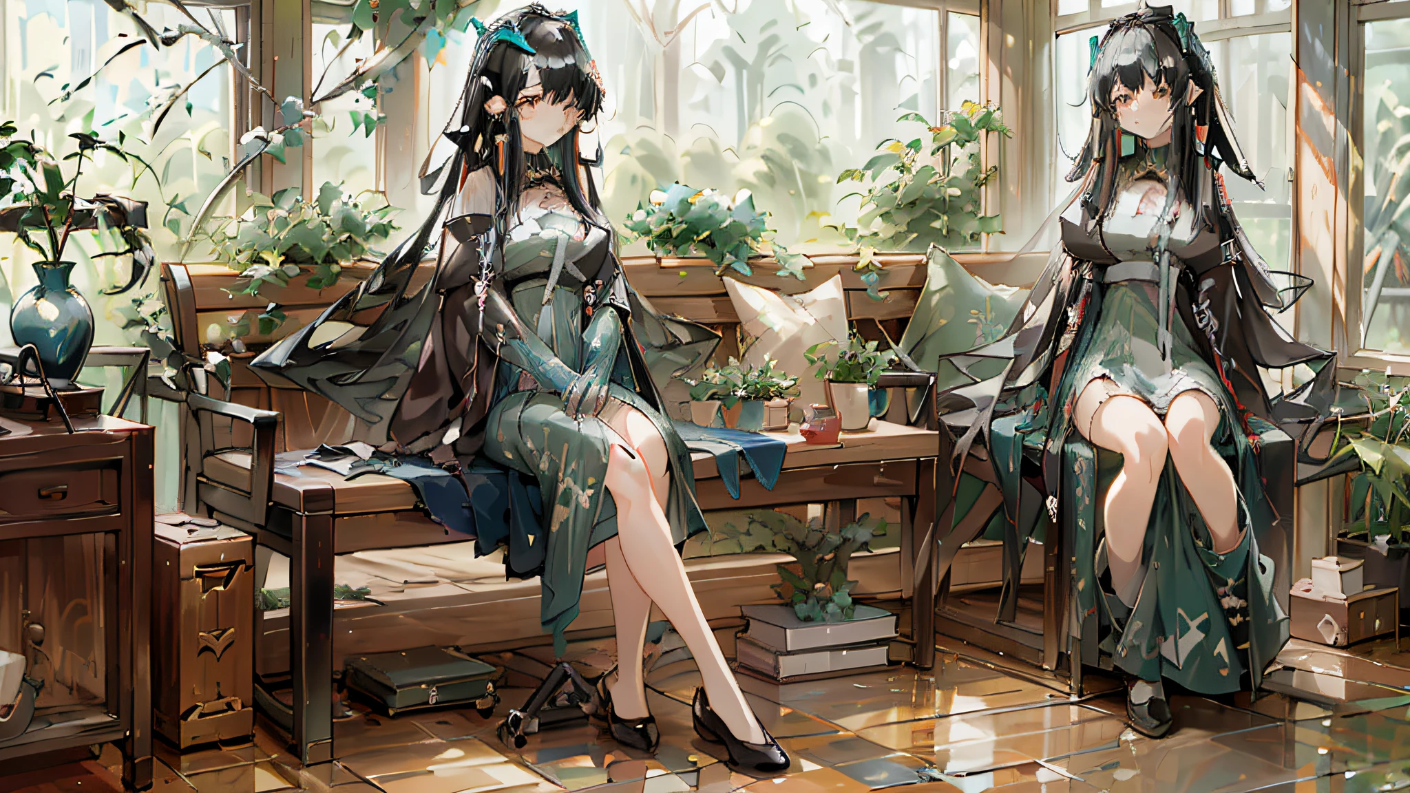 anime girl sitting on a bench in a room with a window, from arknights, kawacy, guweiz on pixiv artstation, girls frontline style, digital art on pixiv, kantai collection style, fine details. girls frontline, anime art wallpaper 8 k, anime style 4 k, beautiful anime artwork, artwork in the style of guweiz