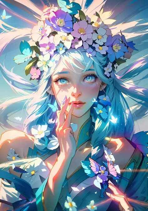 a close up of a woman, with butterflys on her hair, 1girl, a woman, faery girl, fairycore, aesthetic cute with flutter, fairy ae...