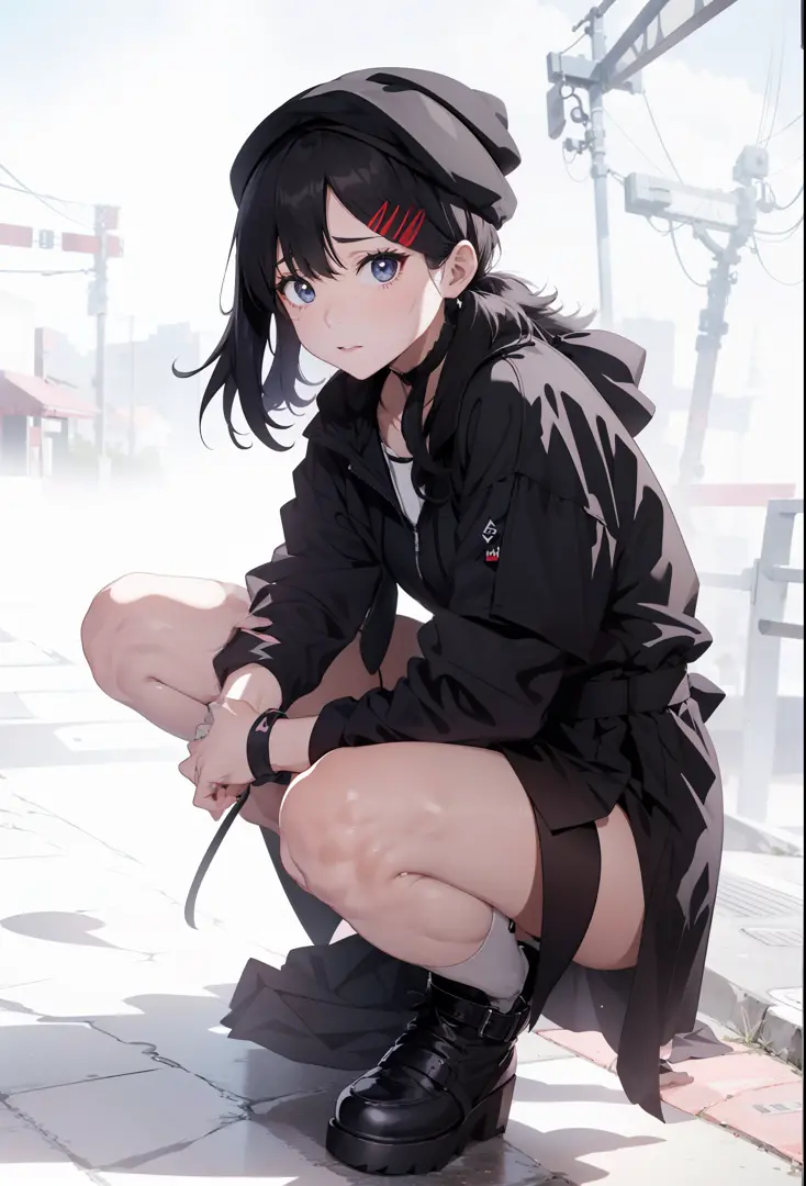 araffe girl in black outfit crouching down with a black hat, 1 7 - year - old anime goth girl, the anime girl is crouching, wear...
