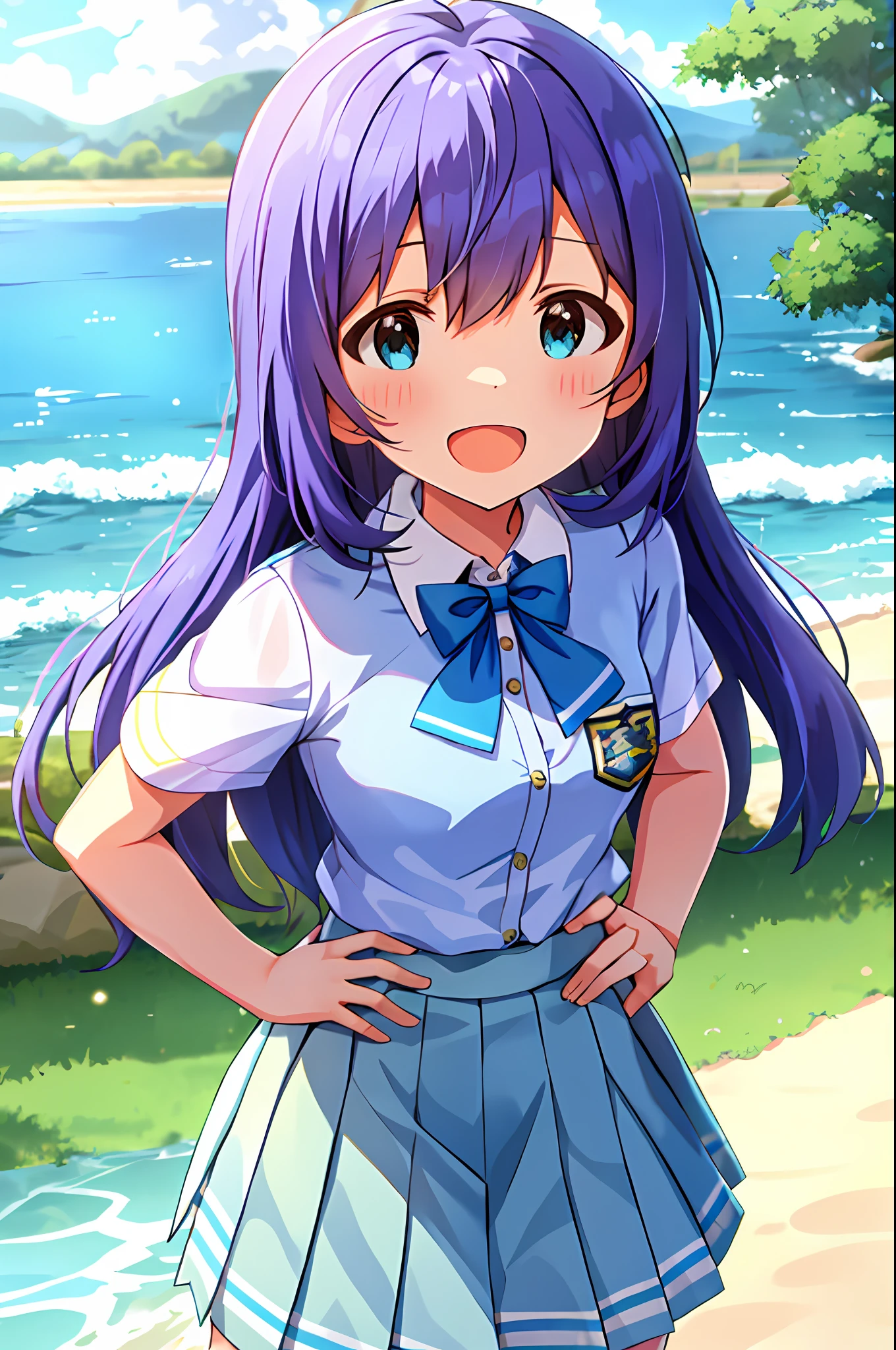 Anna Mochizuki (Million Live), Shiny Trinity \ (Costume), (Best Quality, 8K, Masterpiece, Super Detail: 1.2), Sea, Sun, Dappled Sunlight, Blue Sky, Beautiful Clouds, 1 Girl, Solo, Skirt, Open Mouth, V, View Viewer, White Sailor Color, Blue Shirt, Sailor Color, Blue Skirt, Pleated Skirt, Short Sleeve, :d, Shirt, , Blush, Serafuk, Clavicle, BowPut your hands on your hips, stretch your chest, clench your fists.